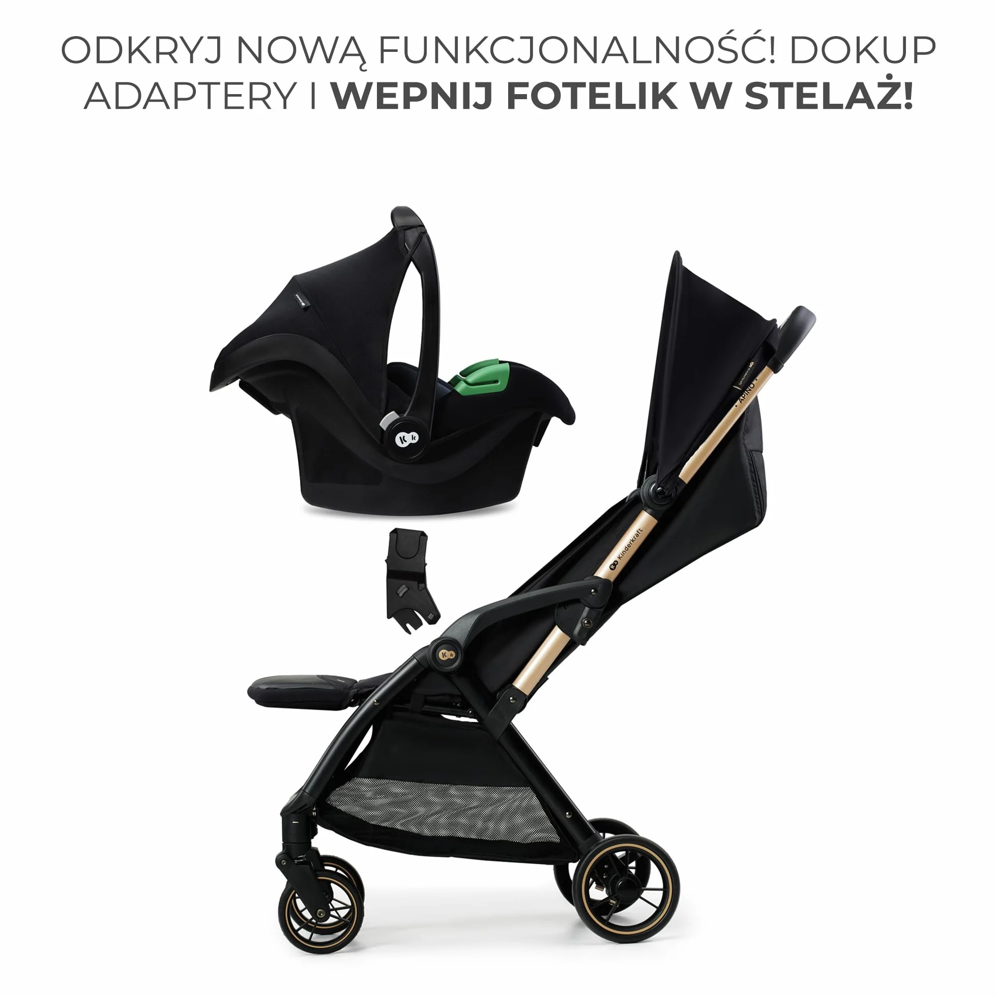 Kinderkraft APINO Lekka Spacerówka, Wózek dziecięcy, Idealny na podróż, AUTO FOLDING, Składany, Kompaktowy, Lekki, Tylko 7,5kg, Wodoodporna budka, Regulacja oparcia, obciążenie do 24kg, Czarny
