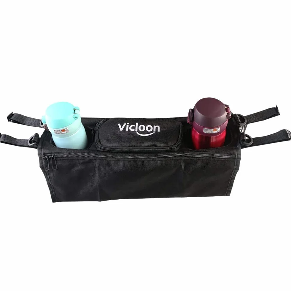 Vicloon Organizer do wózka dziecięcego z 2 uchwytami na napoje, organizer do wózka dziecięcego, uniwersalna torba do wózka dziecięcego, butelka na napoje, wilgotne chusteczki, pieluchy, akcesoria dla
