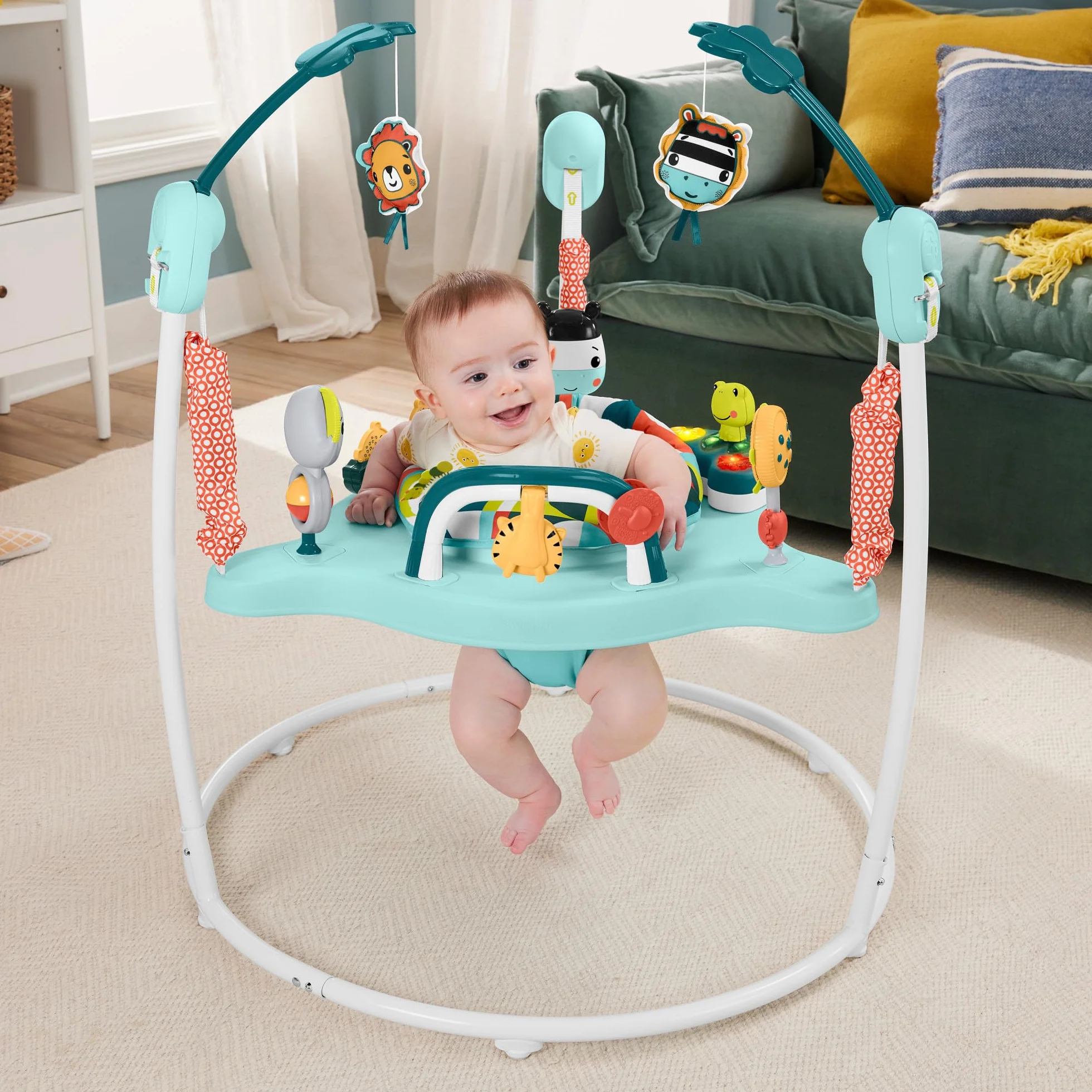 Fisher-Price Skoczek Wspaniałe kolory Centrum zabaw z muzyką, światełkami, dźwiękami i zabawkami rozwojowymi, HNX59