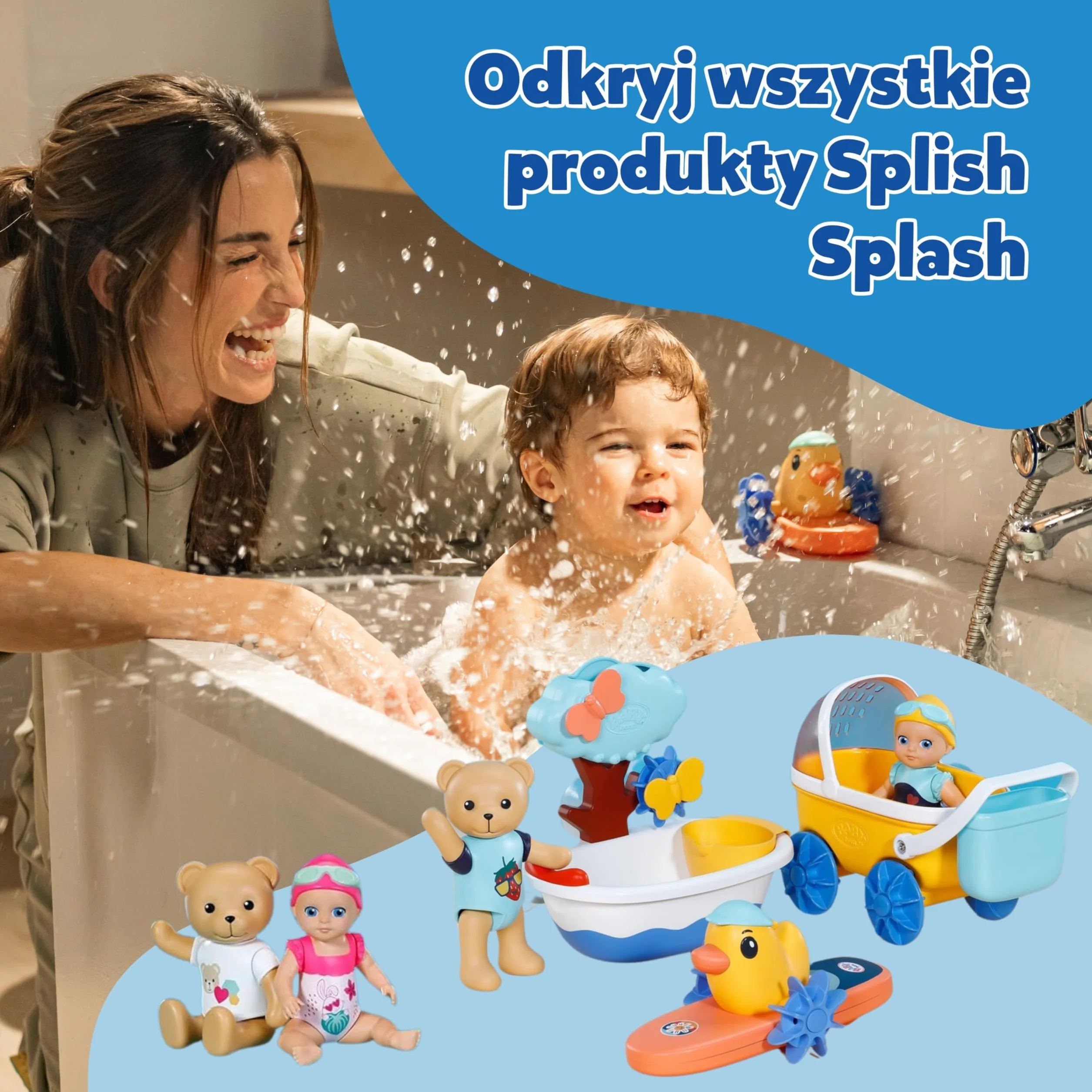 BABY born Splish Splash wózek z Emmą, interaktywna zabawka do kąpieli dla maluchów z nakręcanym pływaniem Emmą i wózkiem z osłoną przeciwsłoneczną i prawdziwymi kółkami roboczymi, zabawka do kąpieli