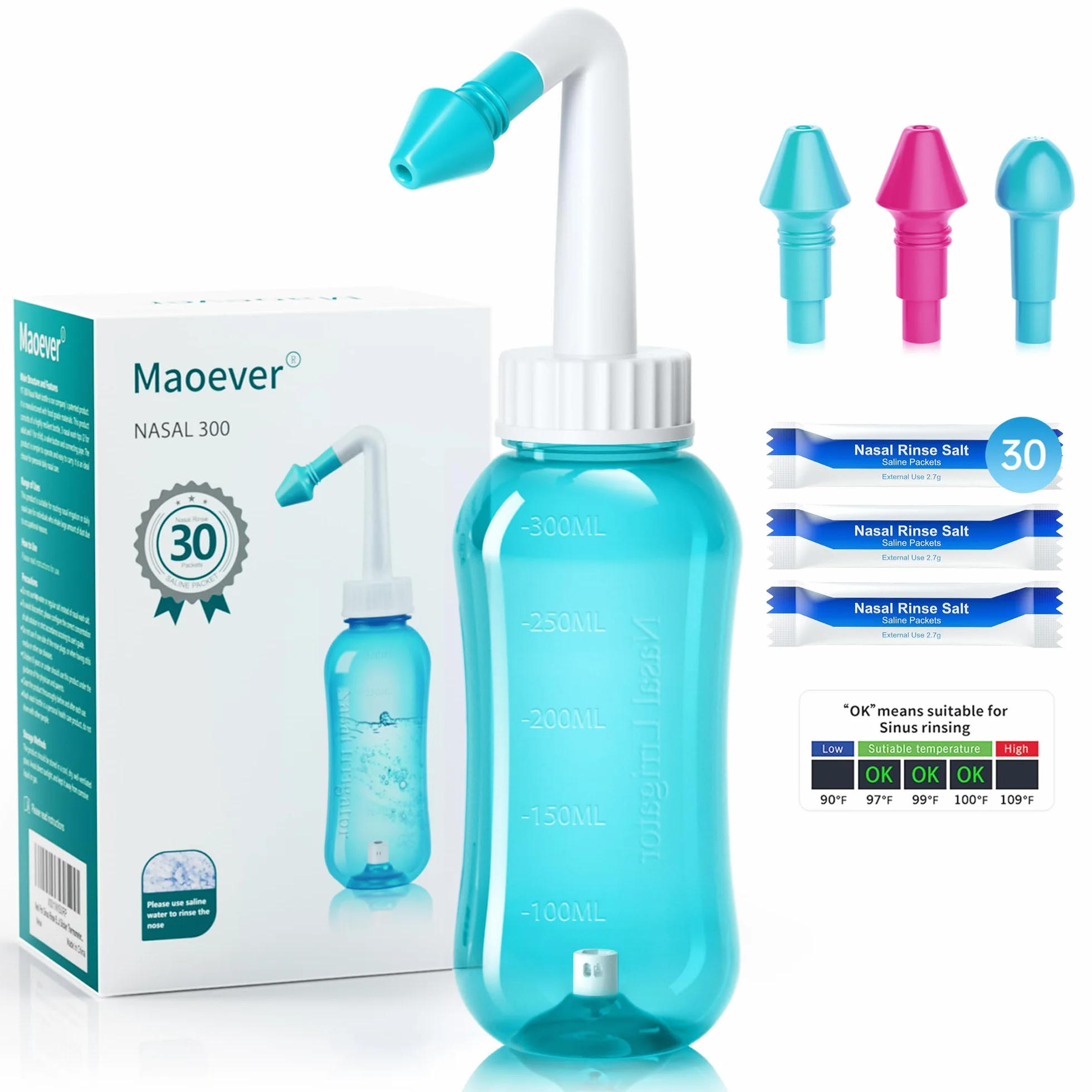 Zestaw do nosa, do mycia nosa i płukania nosa, nie zawiera BPA, 300 ml, z 30 pakietami soli do mycia nosa i termometrem samoprzylepnym (zielony)