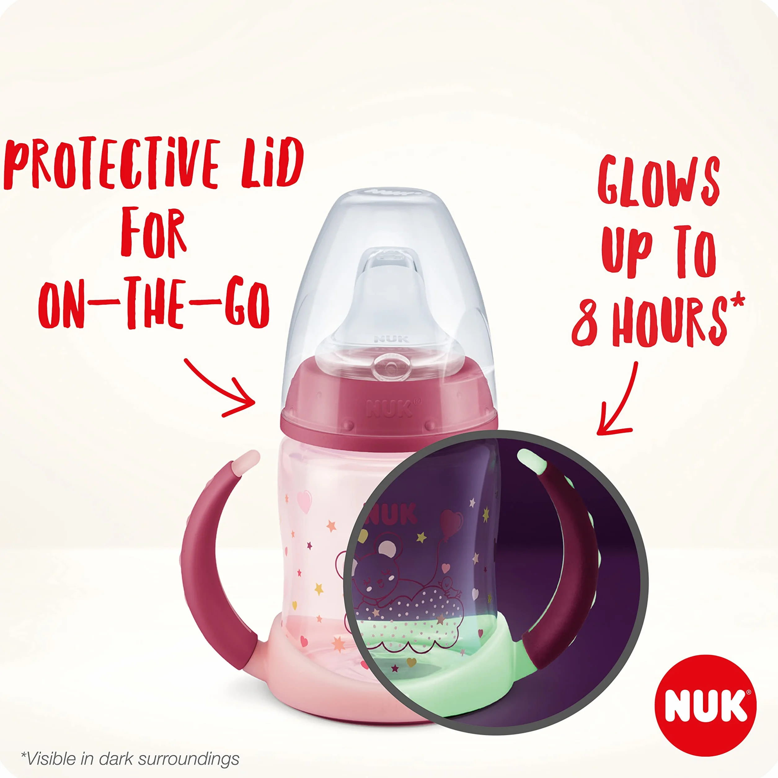 Kubek niekapek NUK First Choice Night | Wiek: od 6 do 18 miesiąca | 150 ml | Fosforyzujący kolor | Uchwyty i ortodontyczny silikonowy dzióbek| System antykolkowy | Nie zawiera bisfenolu A | Różowy