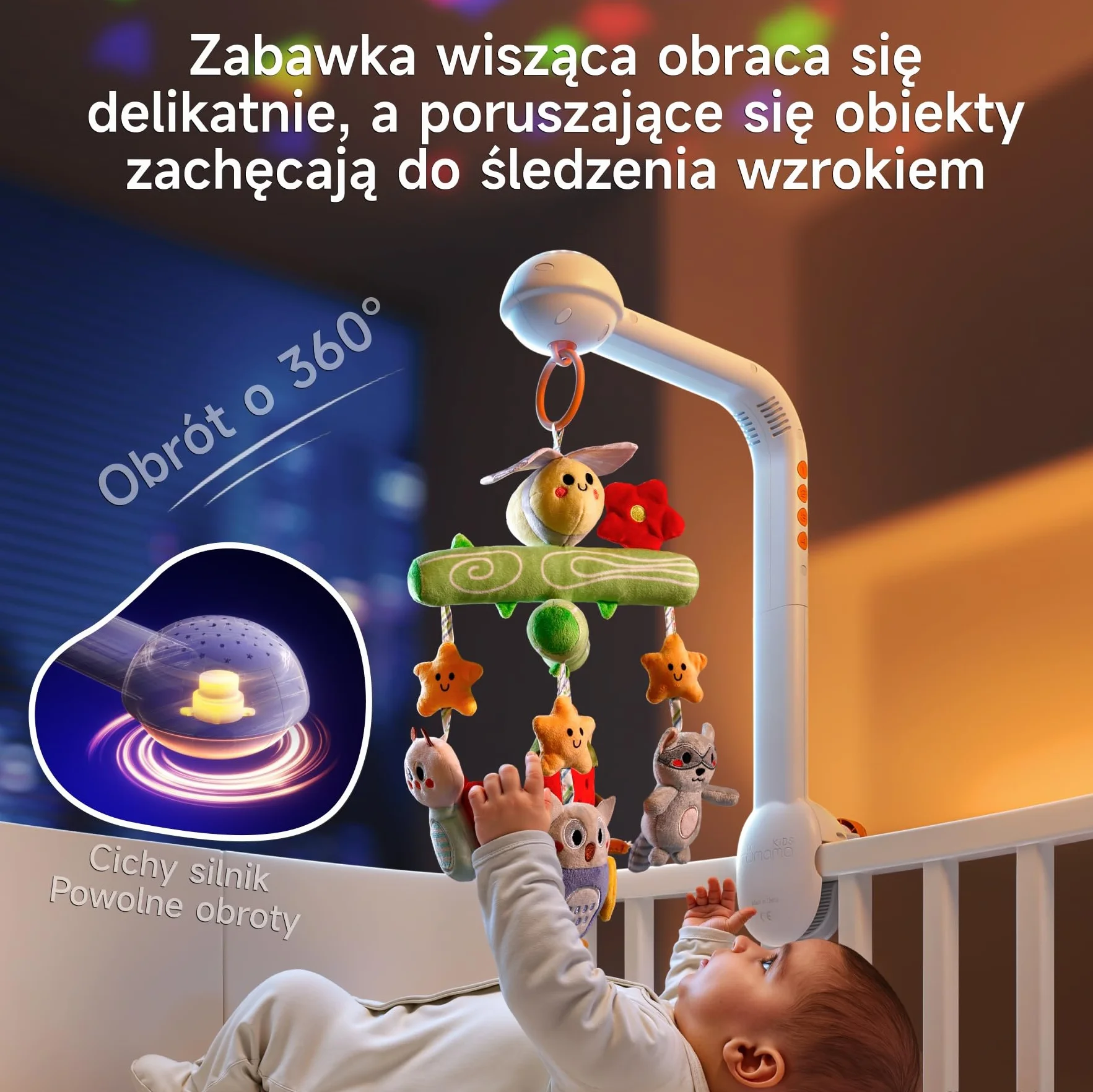TUMAMA KIDS Mobilne łóżko muzyczne, lampka nocna z projekcją światła, zabawka dla niemowląt 0 3 6 9 miesięcy, mobilny pilot do łóżeczka dla dziecka sensoryczna zabawka na prezent dla urodzonych