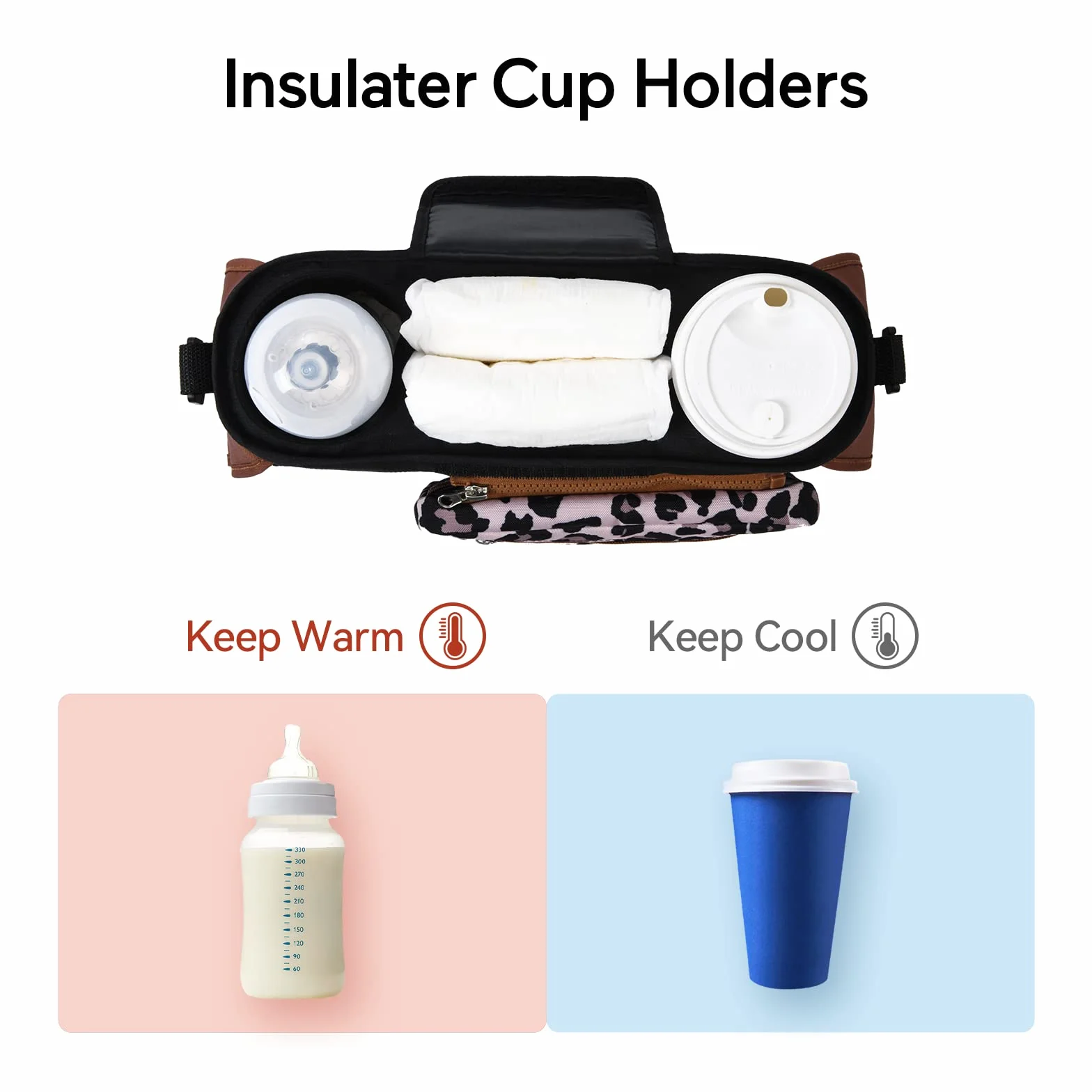 Organizer do wózka spacerowego Momcozy Torba na wózek Organizator wielofunkcyjny na wózek dziecięcy z odpinanym kieszeniem, kieszenią na telefon komórkowy, 2 uchwytami na kubki i paskiem na ramię