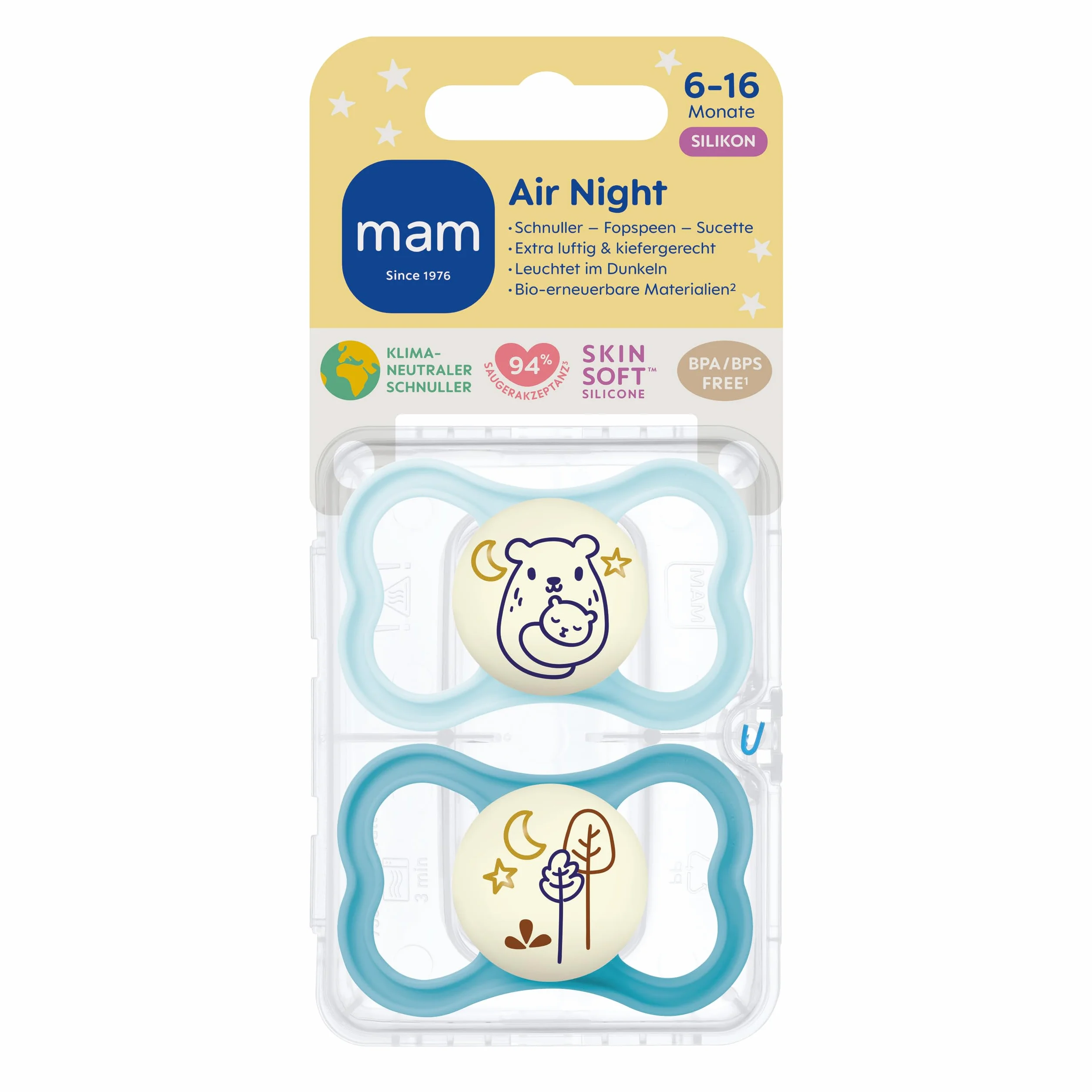 MAM Air Night silikonowy smoczek, przyjazny dla żuchwy, świecący dla niemowląt, bardzo lekki i przewiewny wzór z pudełkiem na smoczek, 6-16 miesięcy, niedźwiedź/drzewa, 2 szt