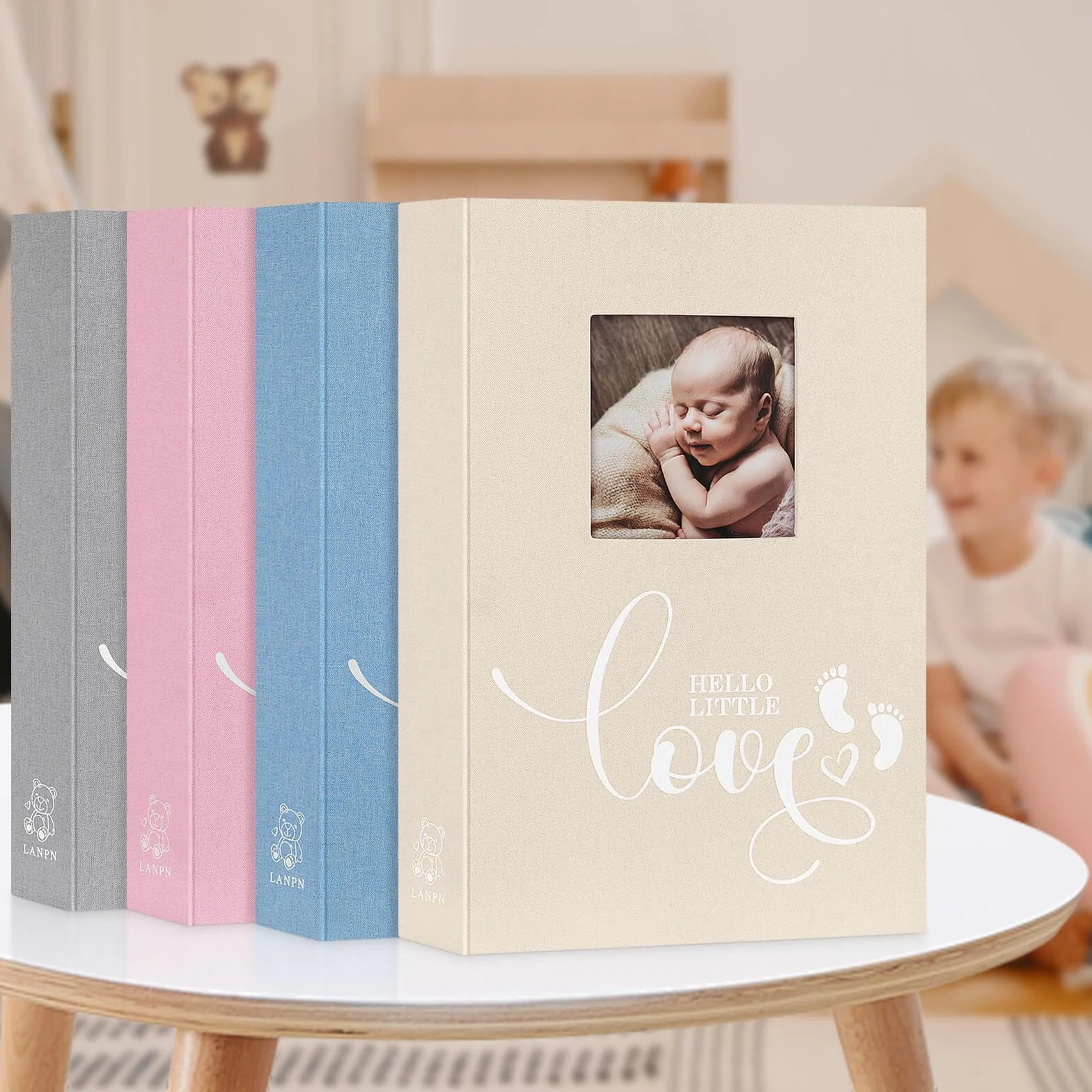 Lanpn Album na zdjęcia dla niemowląt, lniany, twarda okładka, z miejscem do pisania notatek, fotoksiążka Bebe, wsuwana książka z obrazkami, ultradźwięki, prezent na baby shower, beżowy