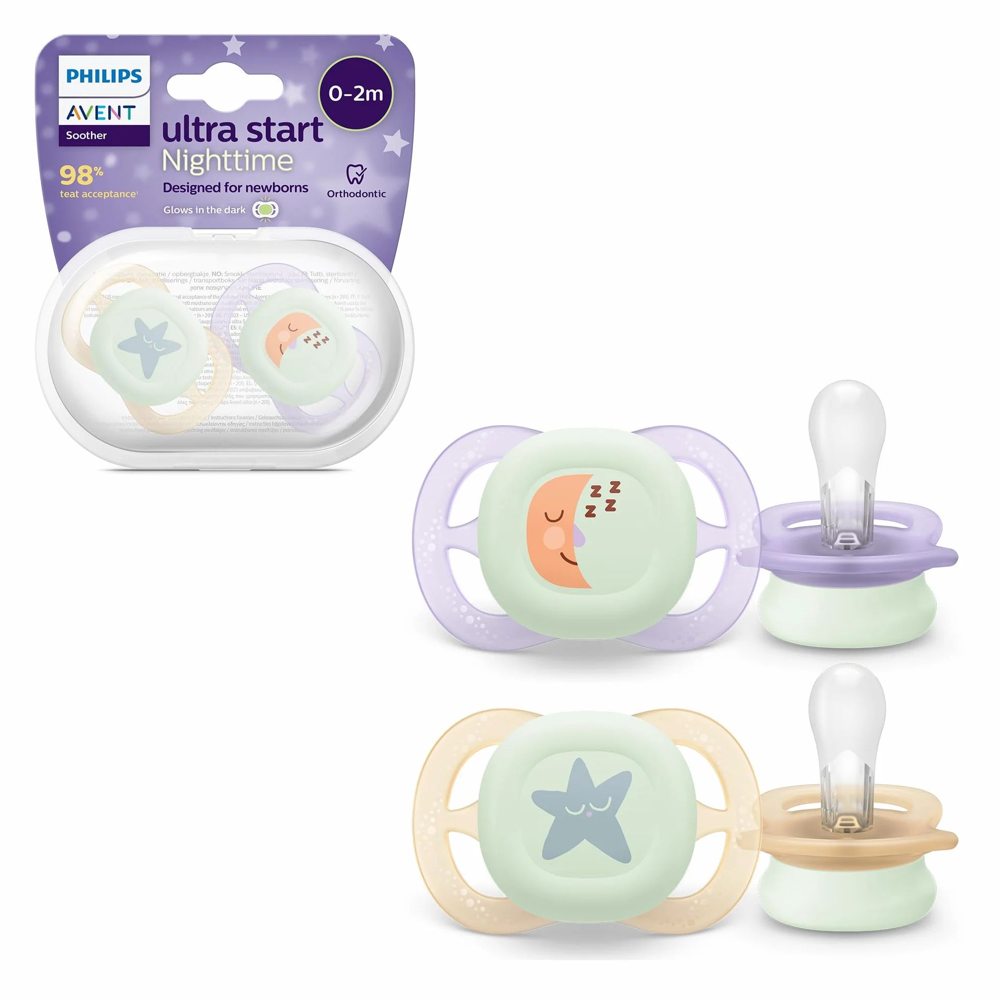 Philips Avent Ultra Start Nighttime, smoczki ortodontyczne dla noworodków w wieku od 0 do 2 miesięcy, świecą w ciemności, silikonowy, bez BPA, ze sterylizatorem/etui, 2 sztuki, SCF075/07