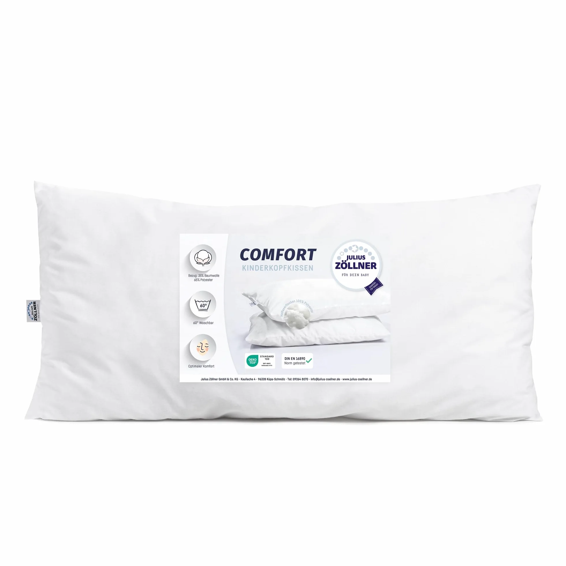 Julius Zöllner® Poduszka Comfort 40 x 80 – poduszka dziecięca zapewnia zdrowy sen – można prać w temperaturze 60°C i Öko-Tex Standard 100 – Made in Germany, biała