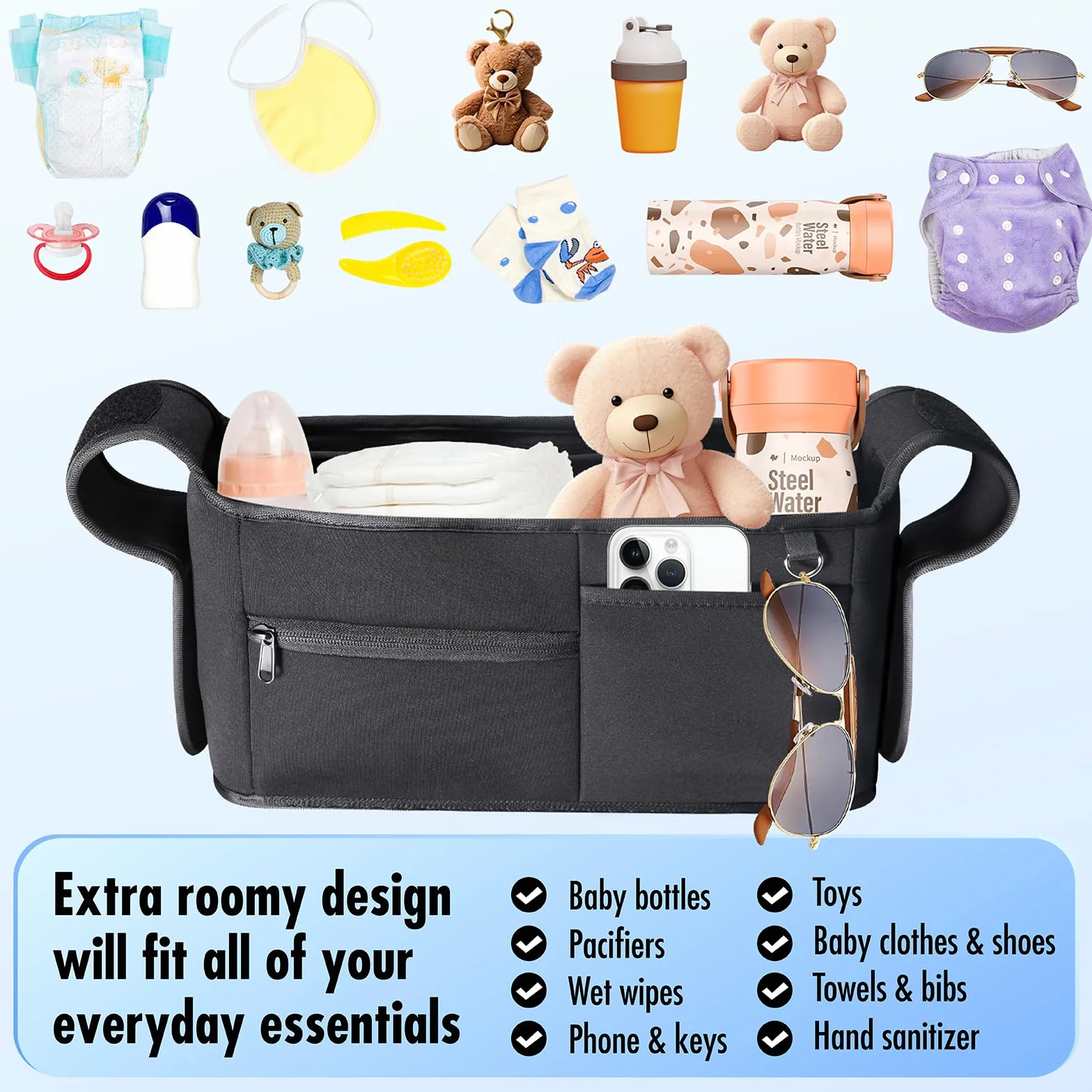 Homlynn Organizer do wózka dziecięcego, wielofunkcyjny wózek dziecięcy, torba do przechowywania wózków dziecięcych, kieszeń na telefon komórkowy, 2 uchwyty na kubki i pasek na ramię, organizer na