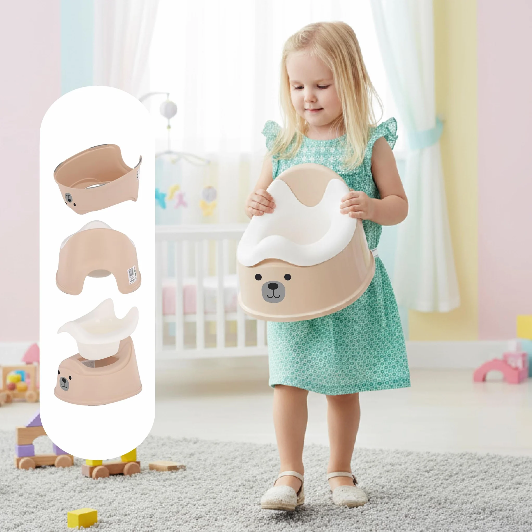 sun baby Nocnik dla dzieci 18-36 miesięcy, antypoślizgowe nóżki, ergonomiczne oparcie, wyjmowany wkład, tworzywo sztuczne, do 15 kg (Beżowo-Biały + Naklejka Miś)