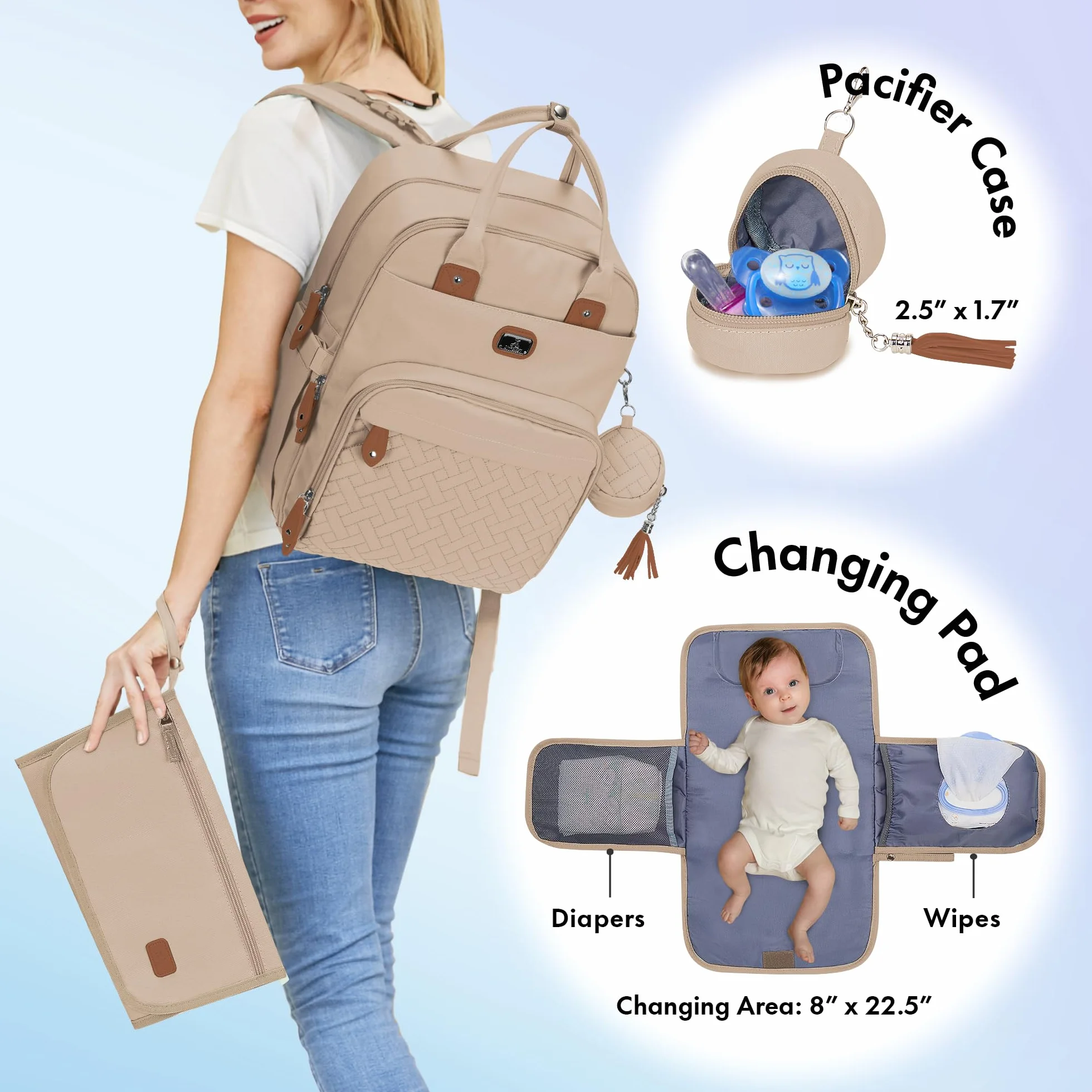 Dikaslon Wickeltasche plecak duży plecak wiklinowy z wielofunkcyjnymi poduszkami dla dzieci i mobilnymi klapami - Schnullerhalter und Kinderwagengurte - dla mamy i taty, rozmiar Einheitsgröße