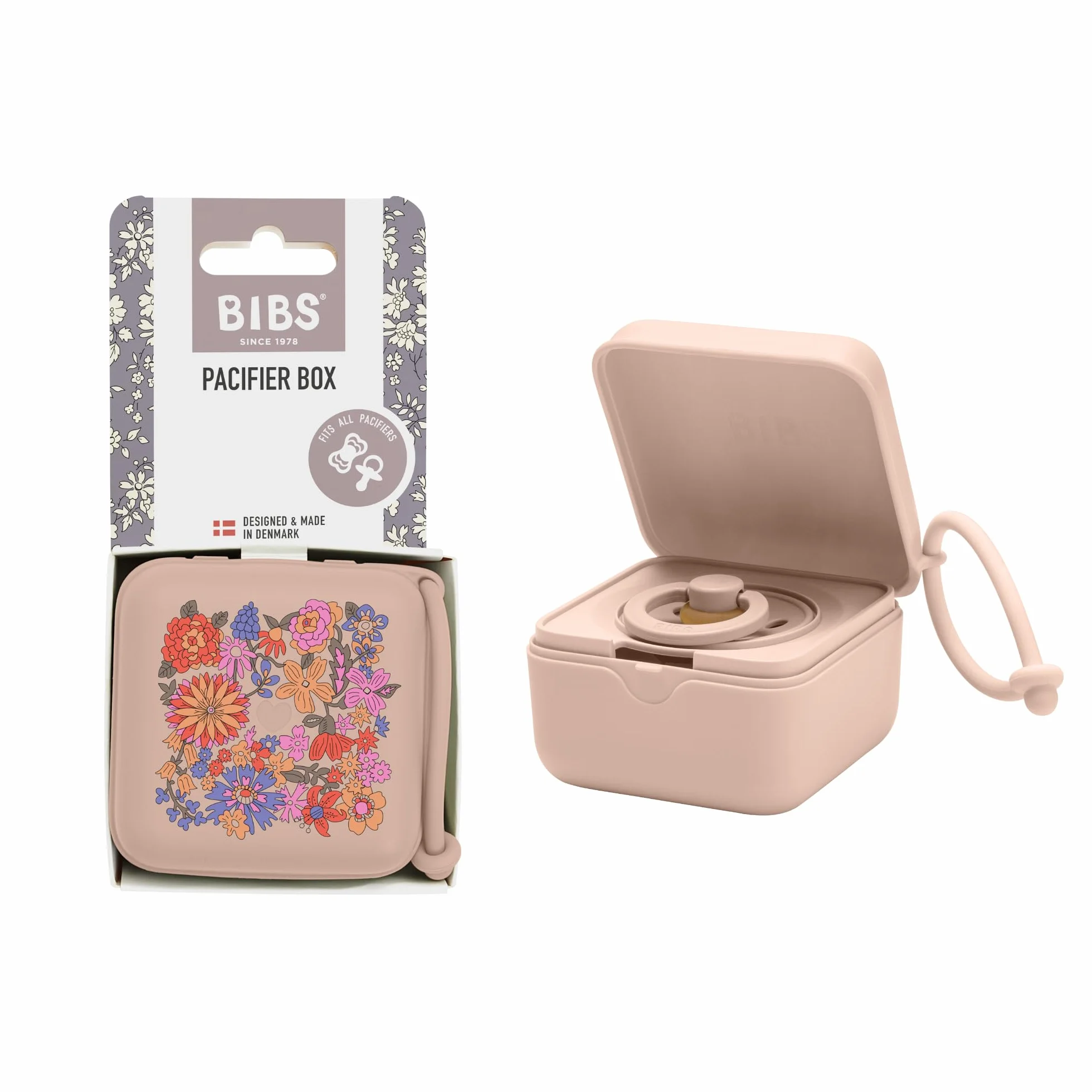 BIBS Liberty Pojemnik na smoczek z paskiem. Pojemnik do przechowywania i sterylizacji smoczków. - June Blossom Blush