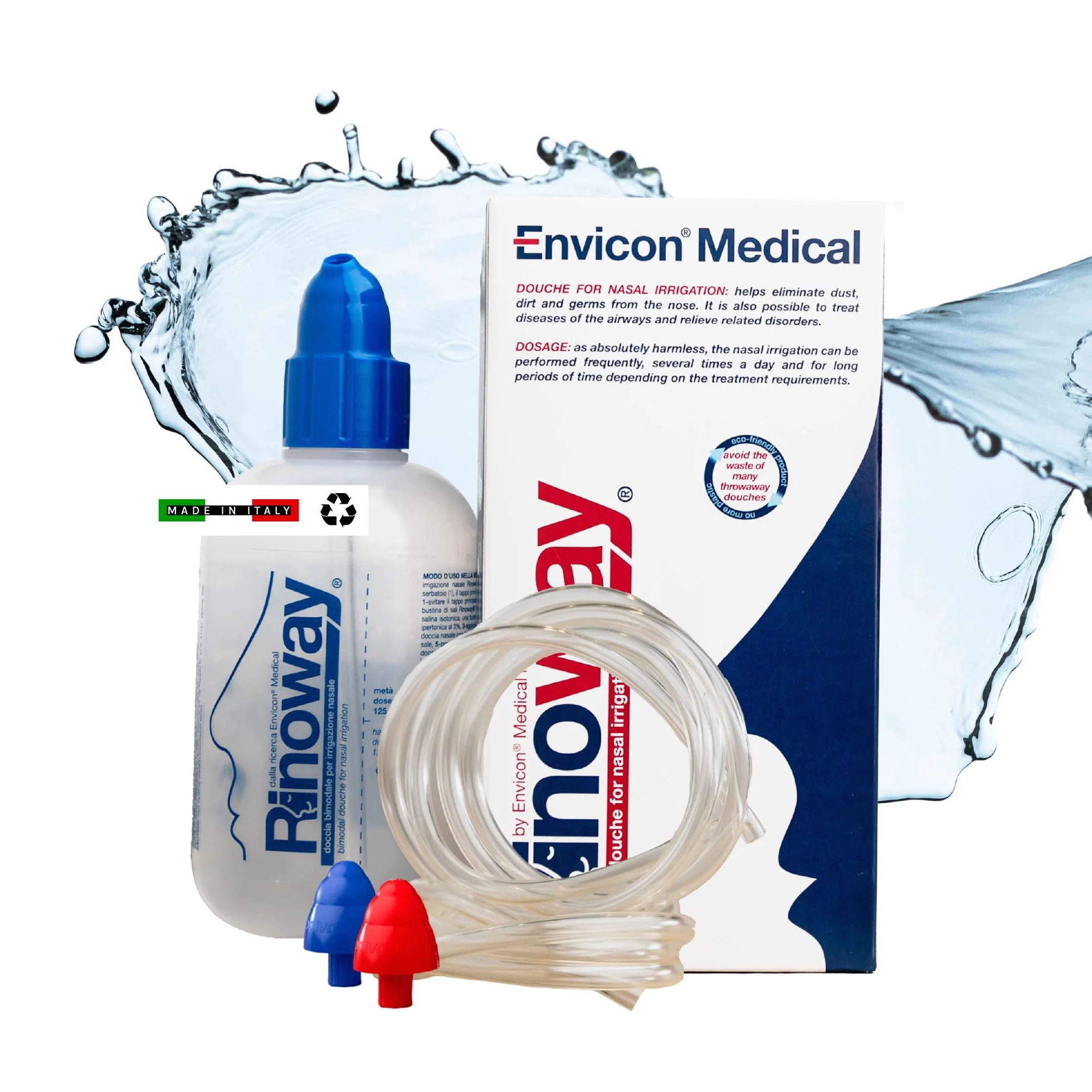 Zestaw do płukania nosa Rinoway - Neti Pot - Butelka do płukania zatok 250 ml z dwiema dyszami do ciśnieniowego, kropelkowego lub nebulizowanego płukania nosa. Dla dorosłych, niemowląt i dzieci.