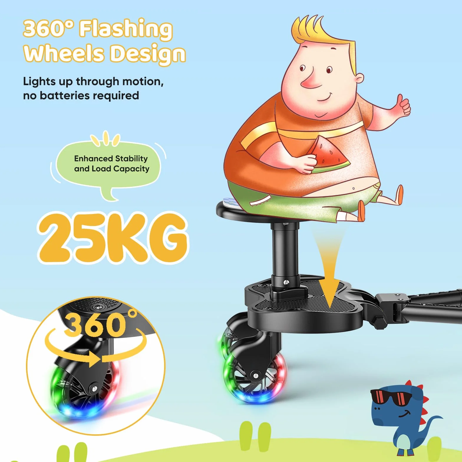 Buggy Board, uniwersalna deska do wózka dziecięcego z kółkami LED i siedziskiem dla dzieci, akcesoria do wózków dla dzieci w wieku 2-6 lat (25 kg), do ponad 99% wózków dziecięcych