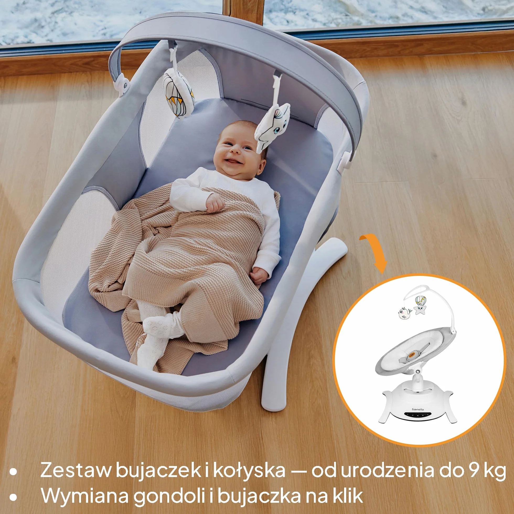 LIONELO Bella zestaw 2 w 1 elektryczny kołyska dla niemowląt, 360o gondola dla niemowląt do 9 kg, regulowane oparcie, 5 prędkości huśtawki, antypoślizgowy pas bezpieczeństwa