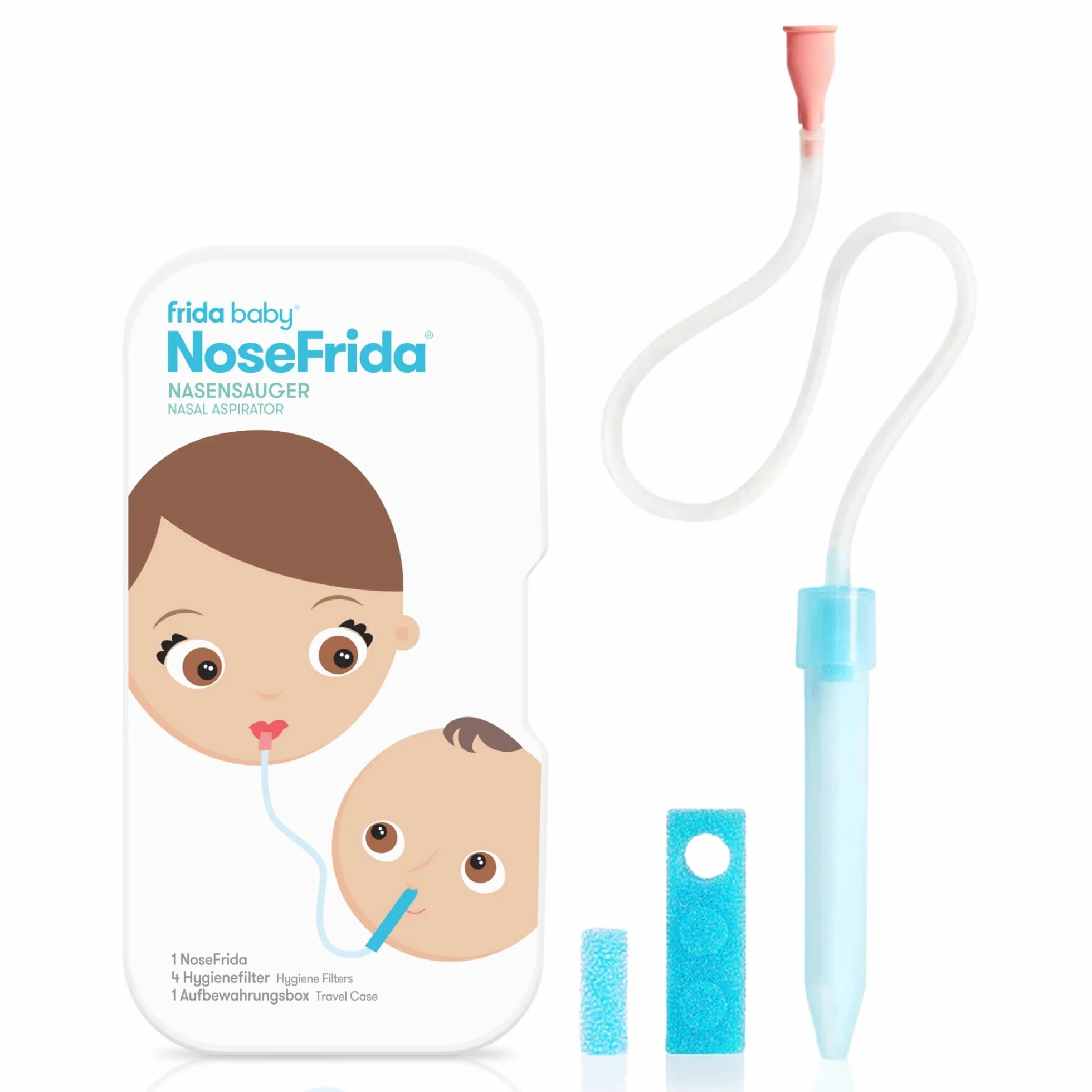 Frida Baby NoseFrida przyssawka do nosa, w zestawie 4 filtry higieniczne i pudełko do przechowywania, dla dzieci od 0+ miesięcy