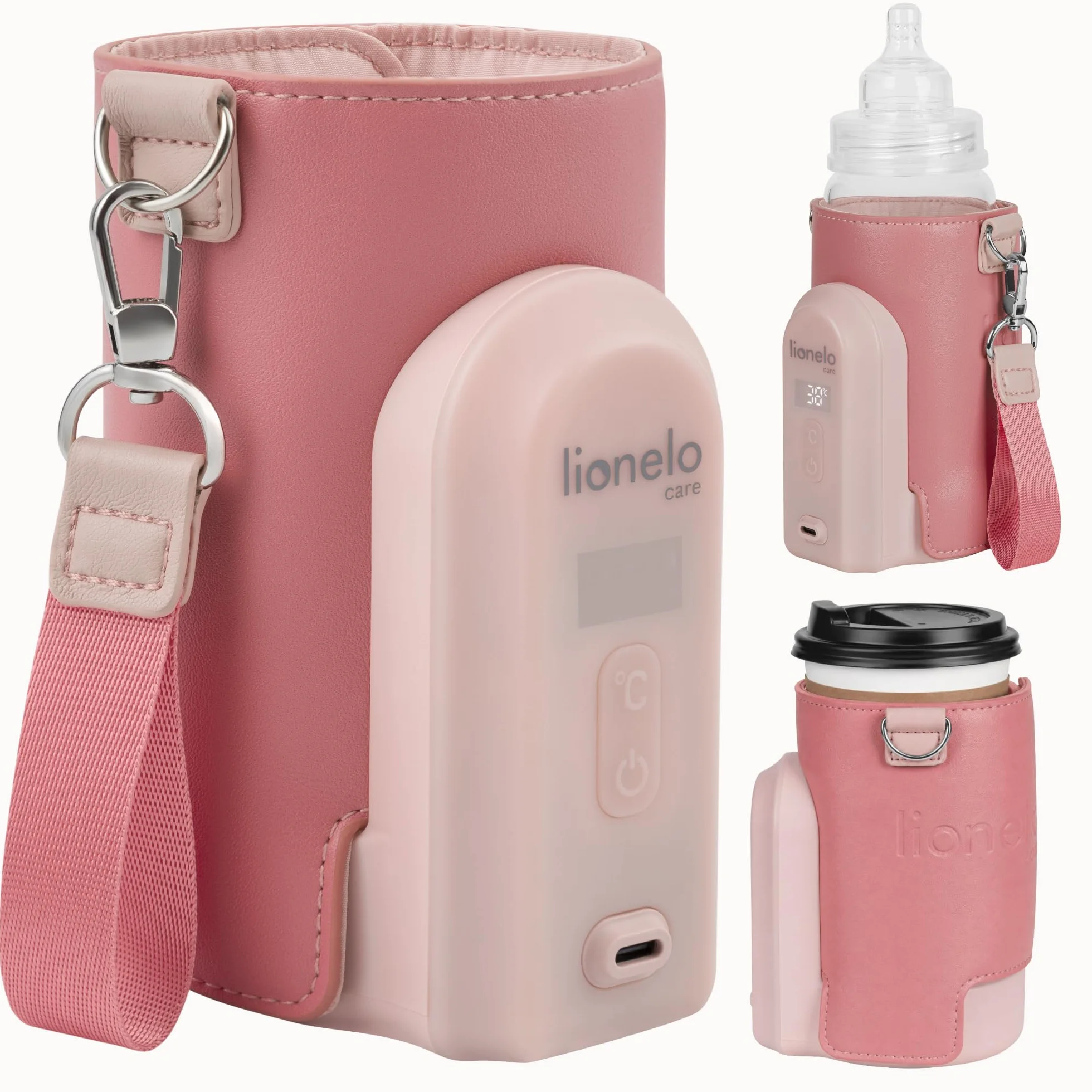 LIONELO Thermup Go Evo Przenośny Podgrzewacz do Butelek dla Niemowląt, 5 Temperatur, USB-C, LCD (Różowy)