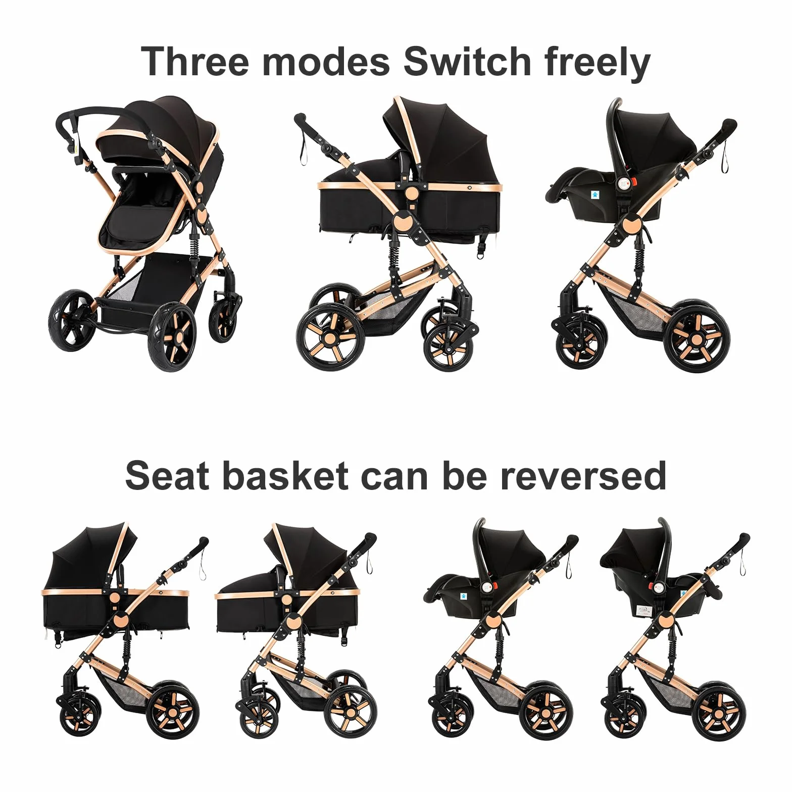 Wózek dziecięcy Reborn 3 w 1 z ramą ze stopu aluminium, dwa odwracalne tryby przesuwania