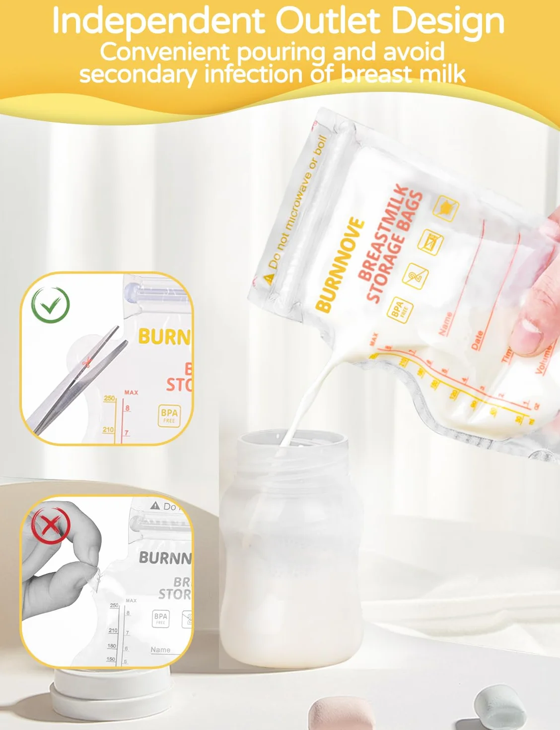 BURNNOVE Torebki do Przechowywania Mleka Matki 130 torebek 250 ml Bez BPA Podwójny zamek Błyskawiczny Szczelne Zagęszczone i Bezwonne Wstępnie Sterylizowane Można Zamrażać