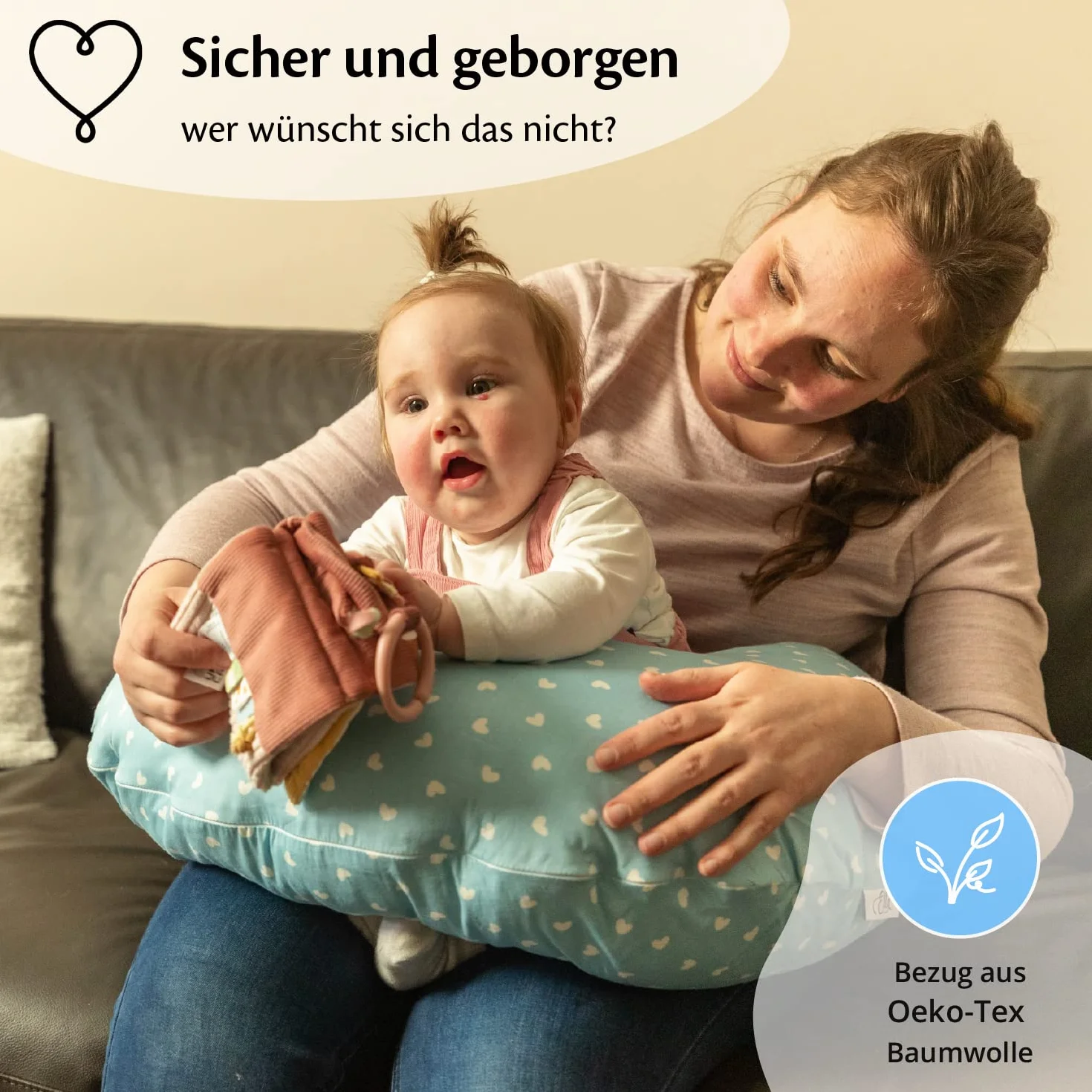 Ella Poduszka do karmienia – ergonomiczna poduszka dla niemowląt do wygodnego karmienia i karmienia niemowląt, wyściełany zagłówek dla niemowląt ze zdejmowaną bawełnianą poszewką - niebieska z sercami