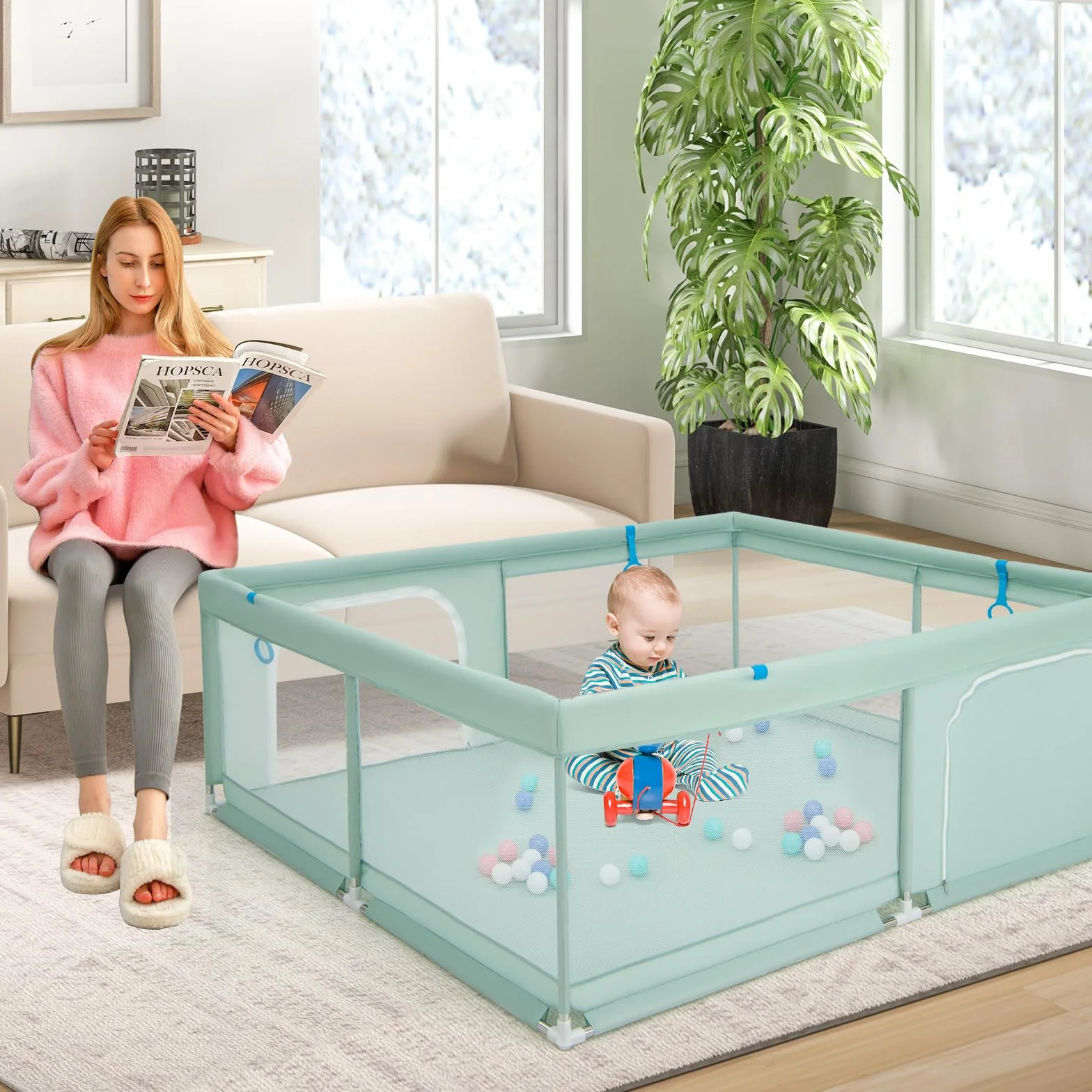 GOPLUS Kojec dla niemowląt 200 x 180 cm, kojec z materacem, 4 pierścienie pod ręce i 50 piłek do zabawy, kratka do raczkowania z oddychającą siatką, drzwi i zamek błyskawiczny dla niemowląt i małych