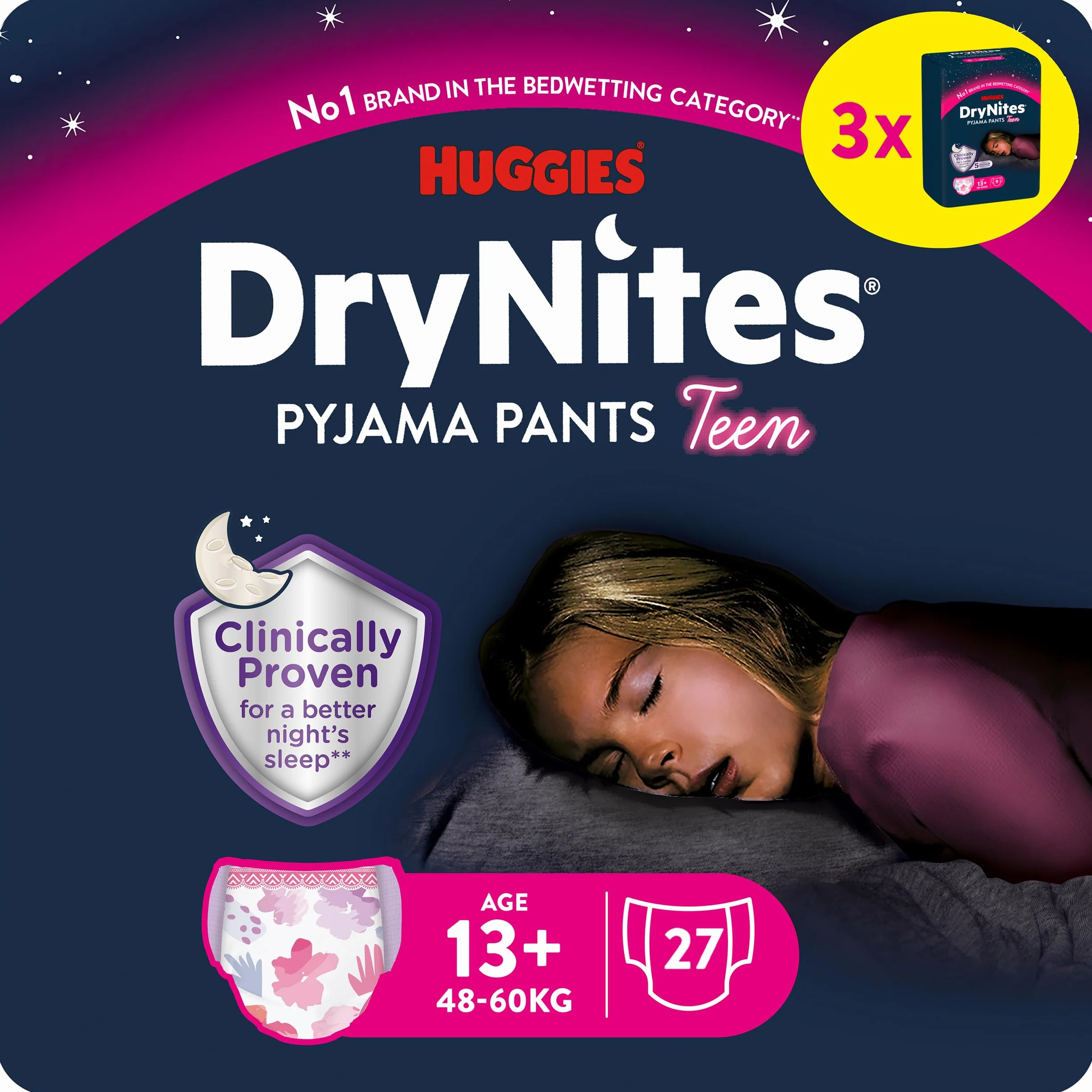 Huggies DryNites pieluchy nocne na moczenie nocne, dla dziewczynek w wieku od 13 do ok. 17 lat (48-60 kg), 27 sztuk (3 x 9), opakowanie miesięczne, pieluchy