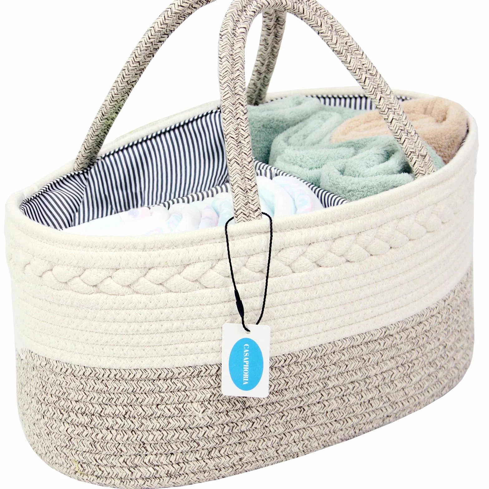 Casaphoria Caddy Organization tkany kosz z bawełnianej liny kosz do przechowywania lub prezent, miękki okrągły kosz z uchwytem, materiał bawełniany, jasnobrązowy (39 cm x 25 cm x 19 cm)