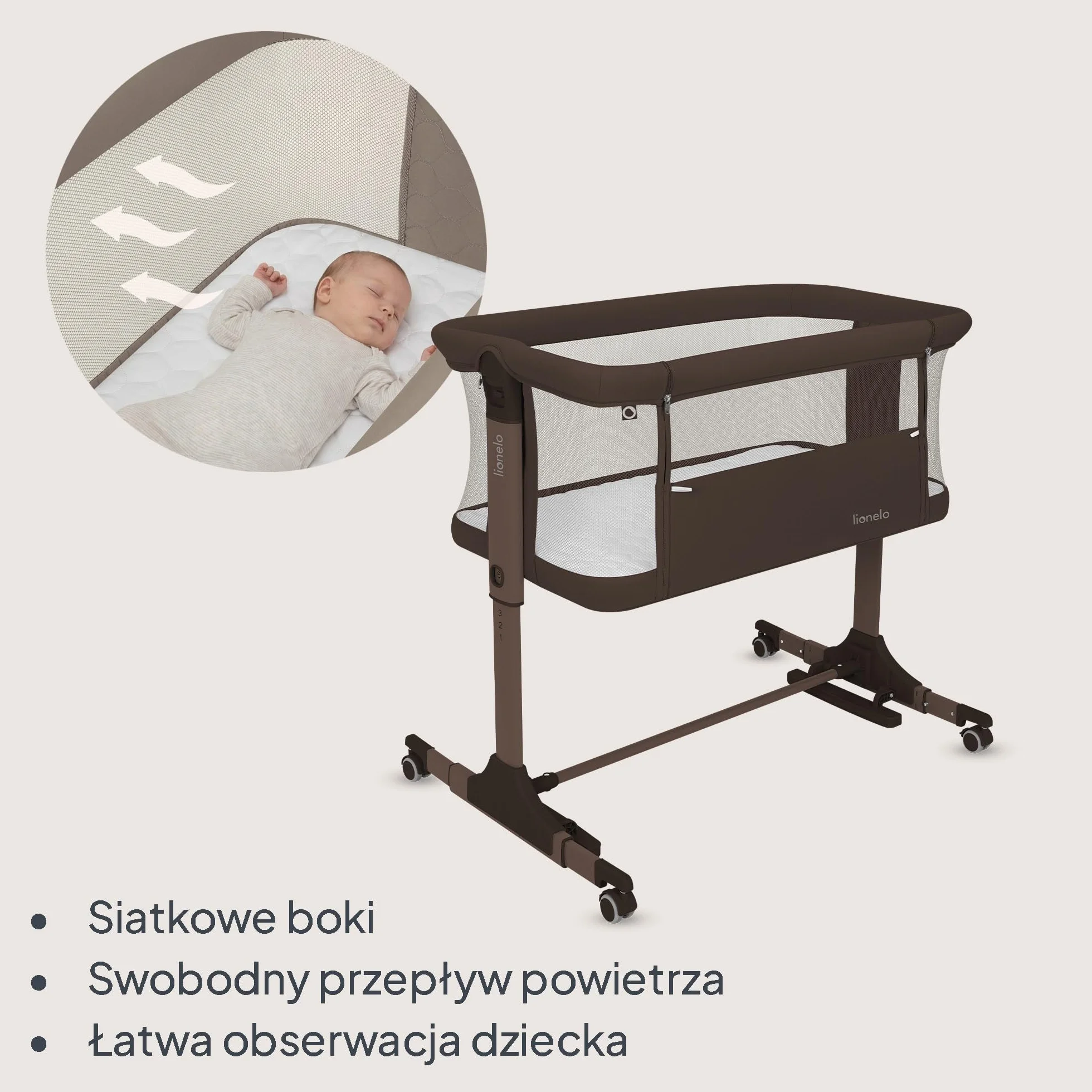 lionelo PARI łóżeczko nocne, łóżeczko dziecięce, 3 w 1, regulowane łóżeczko nocne, 6 poziomów, kołysanie, pochylany materac, siatka, zamykane kółka, torba podróżna