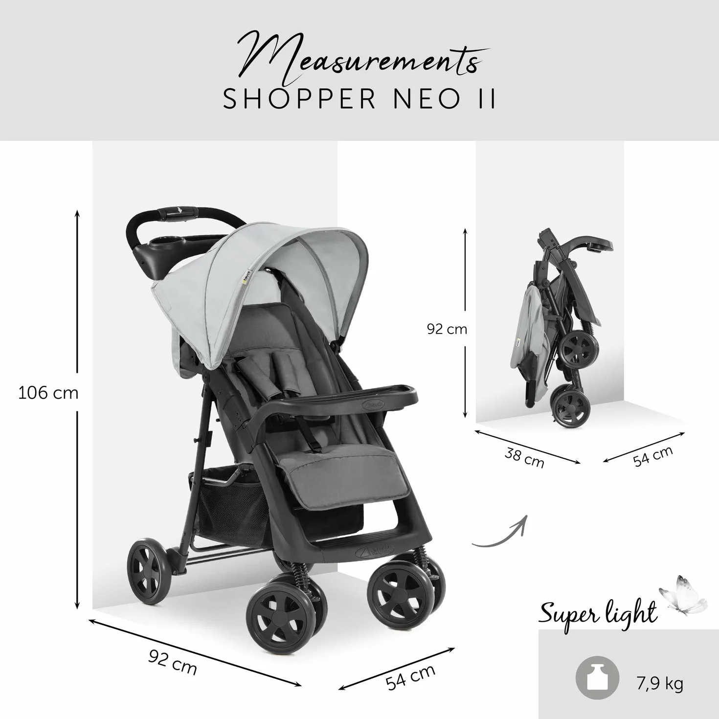 Hauck Shopper Neo II spacerówka do 25 kg z funkcją leżącą od narodzin, składana do minimum, mechanizm jednoręcznego składania, lekka, dwa umocowania do napojów