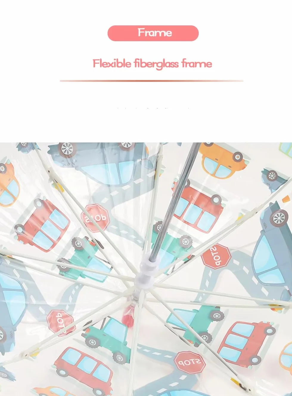 Parasol dziecięcy z dachem kopułowym – lekki, uroczy, zabawny design, ochrona przed wiatrem i deszczem, parasol w kształcie dzwonka, przezroczysty – prezent dla dzieci, Czerwone wózki, small