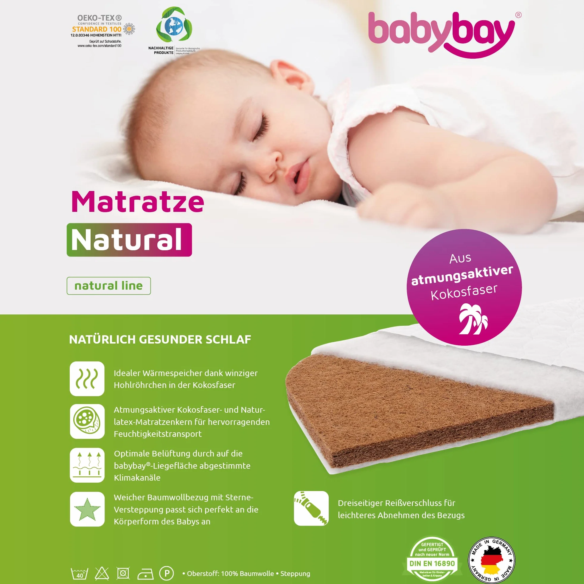 babybay Łóżko pomocnicze materac Natural pasuje do modelu Original, biały