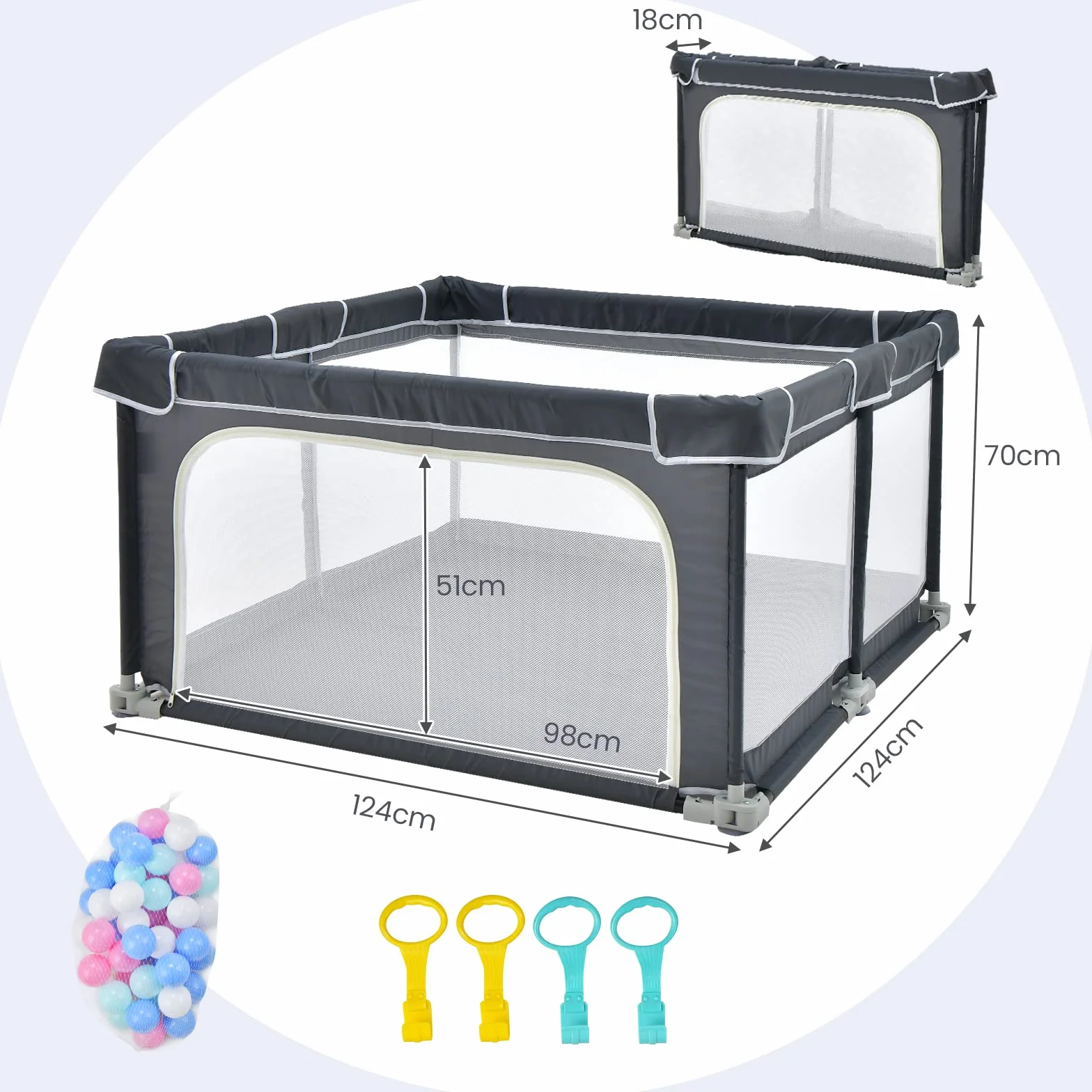 COSTWAY Kojec dla niemowląt 124 x 124 cm, składany, przenośny kojec z 50 piłkami, 4 uchwyty, funkcja blokowania, kratka do raczkowania ze ściankami z siatki i drzwiami, namiot dla niemowląt i dzieci