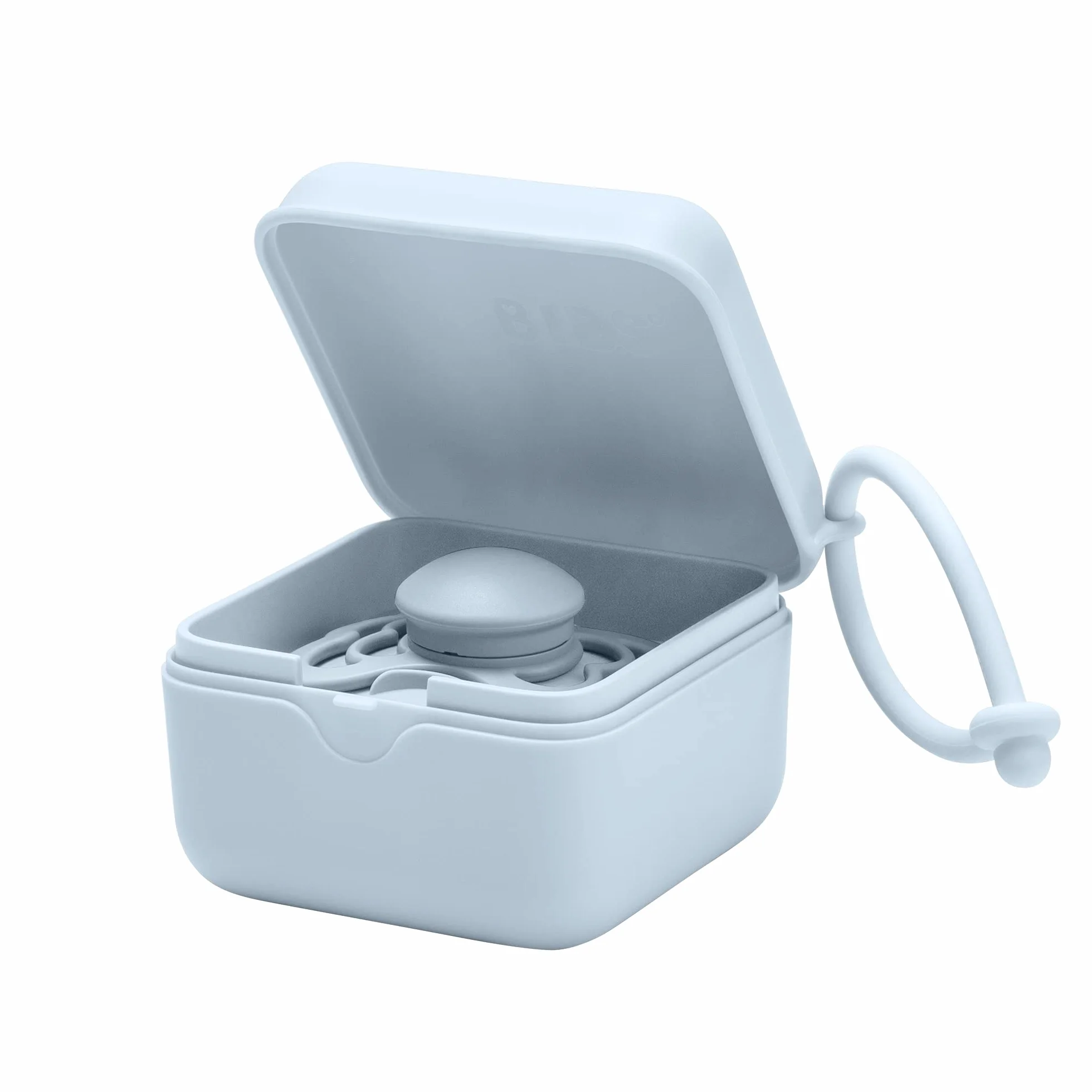 BIBS Pudełko na smoczek z gumką. Pudełko sterylizatora na smoczek. Materiał w 100% wolny od BPA. Wyprodukowano w Danii. Baby Blue