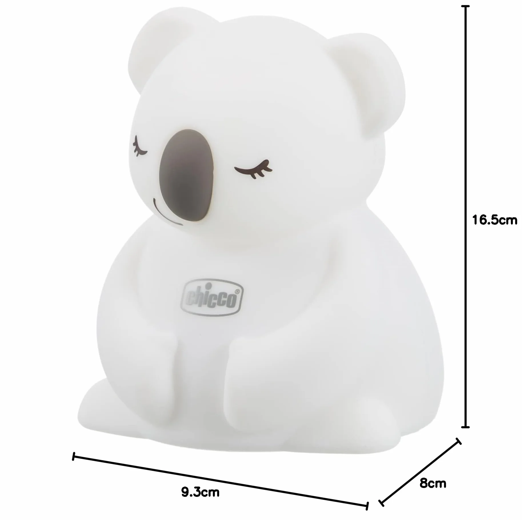 Chicco Lampka nocna Koala z możliwością ładowania, wielokolorowa lampka nocna LED z miękkiego silikonu, 8 kolorów, aktywacja jednym dotknięciem, bez podgrzewania, ładowarka z kablem USB