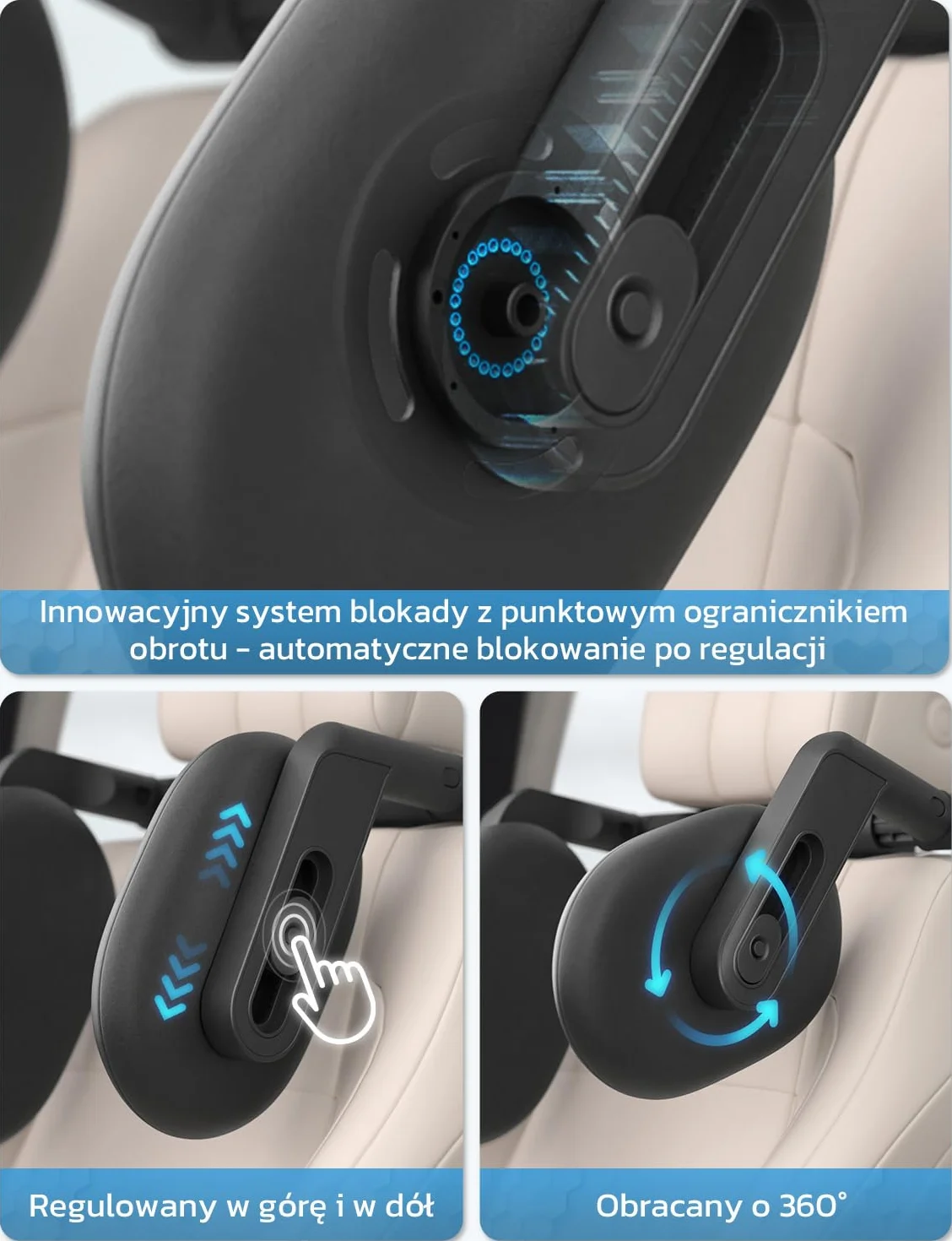 Oasser Zagłówek Samochodowy 360° Regulowany Oddychający Skórzany Uchwyt Na Głowę Samochodu Dla Dzieci i Dorosłych Czarny