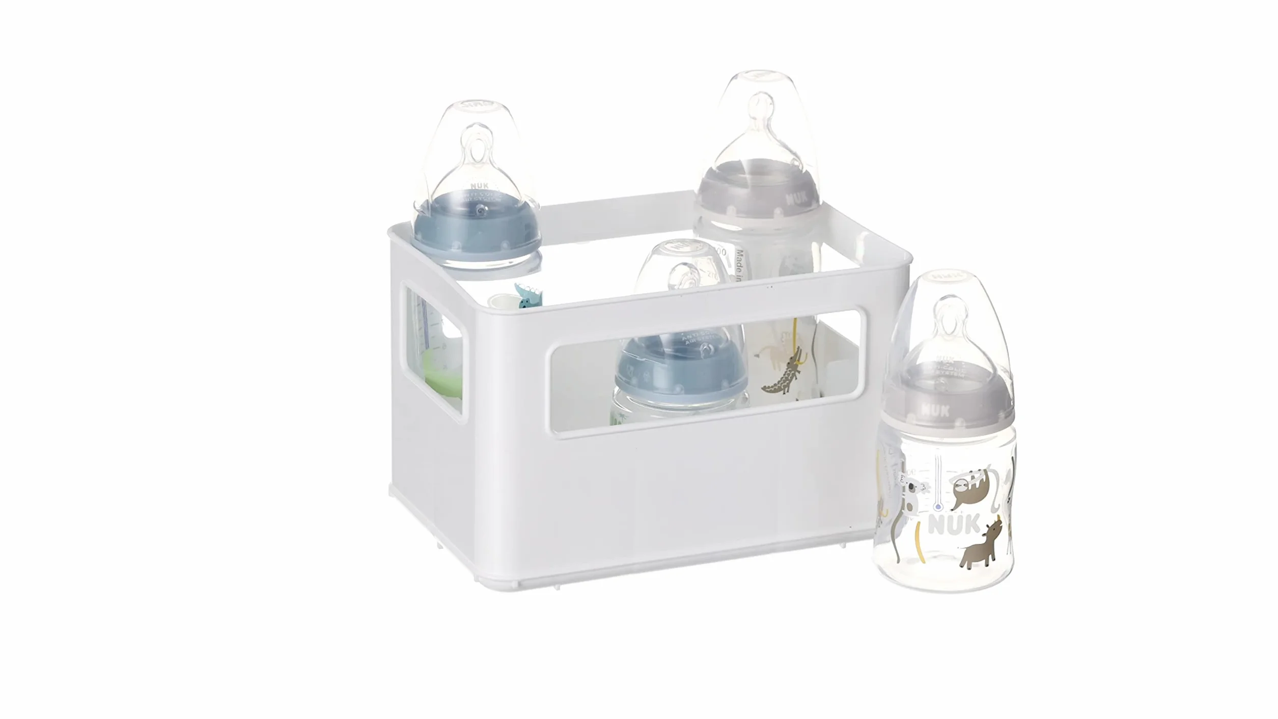 Zestaw startowy butelek dla niemowląt NUK First Choice+ | 0–6 miesięcy | 4 x butelki z regulacją temperatury i skrzynka na butelki | Otwór antykolkowy Anti Colic | Nie zawiera BPA | Safari | 5 elem.