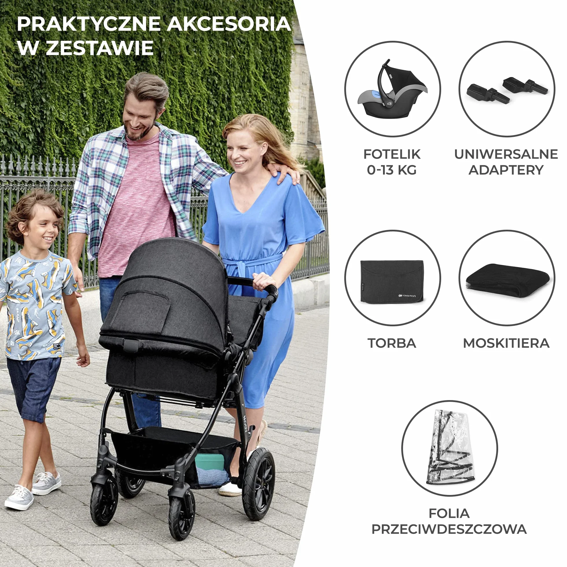 Kinderkraft MOOV 3w1 Wielofunkcyjny Wózek Dziecięcy Spacerówka Travel System Fotelik Samochodowy 22 kg Szary