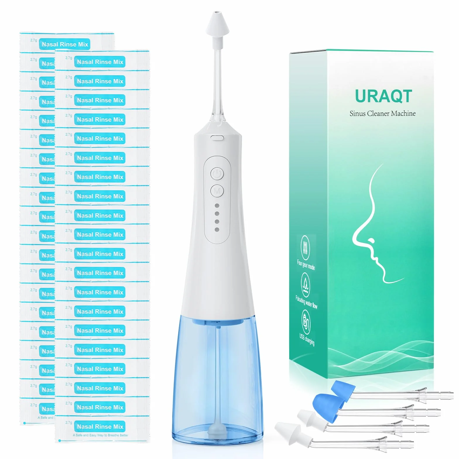 Neti Pot Elektryczny Zestaw do Płukania Zatok z 40 Pakietami Soli i 4 Końcówkami