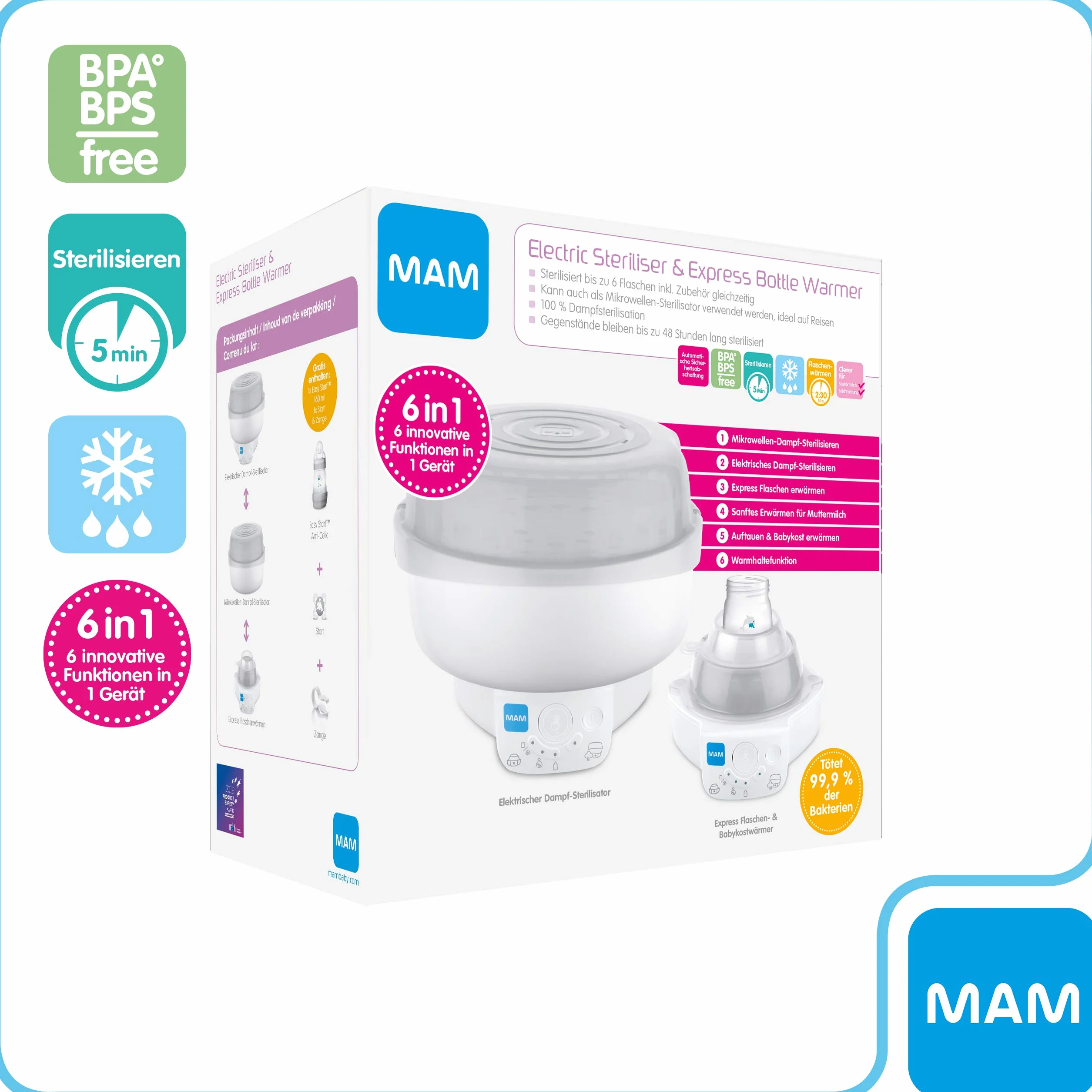 MAM Sterylizator 6 w 1 i Express podgrzewacz do napojów dla niemowląt, podgrzewacz do butelek, w zestawie 1 x butelka MAM Easy Start Anti-Colic (160 ml), 1 x smoczek MAM Start i 1 szczypce