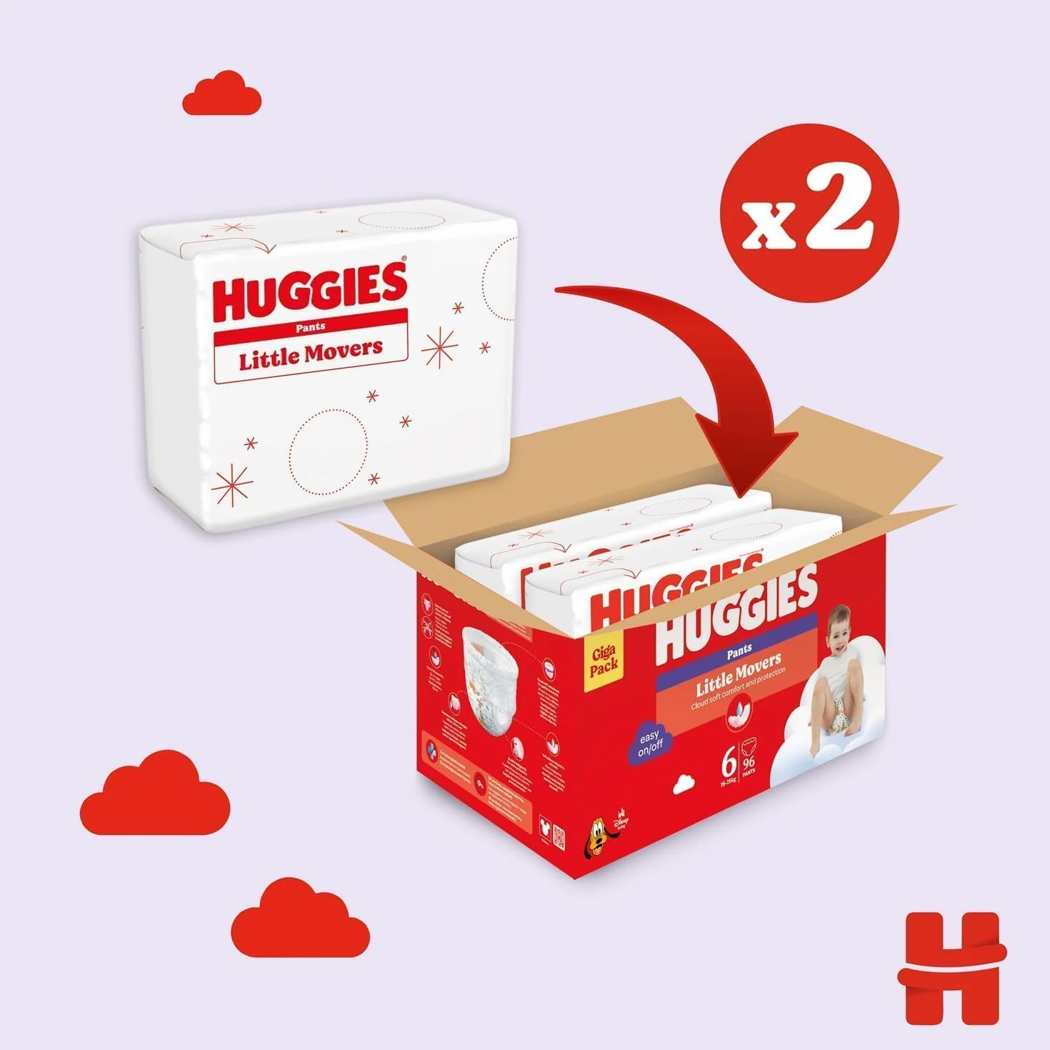 Huggies Ultra Comfort, pieluchy rozmiar 6 (15-25 kg), majtki z motywem Disneya, opakowanie Giga, 96 szt