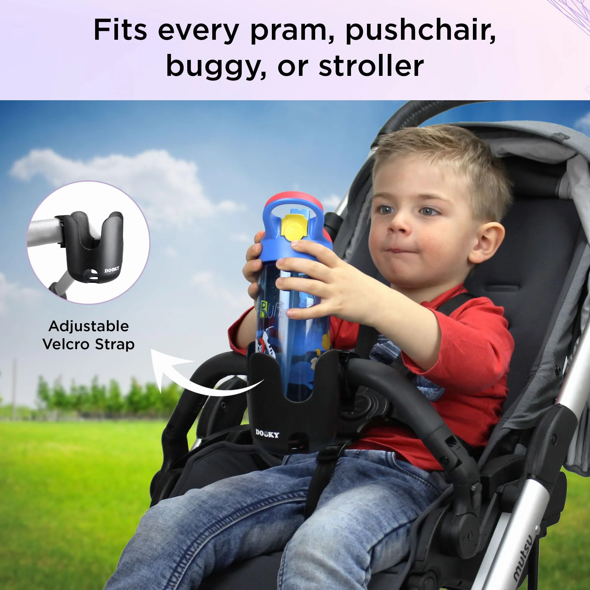 Dooky uchwyt na kubek do wózków dziecięcych (uniwersalny, regulowany rzep, warstwa antypoślizgowa, elastyczność 360°, różne rozmiary, BPA-free), Czarny