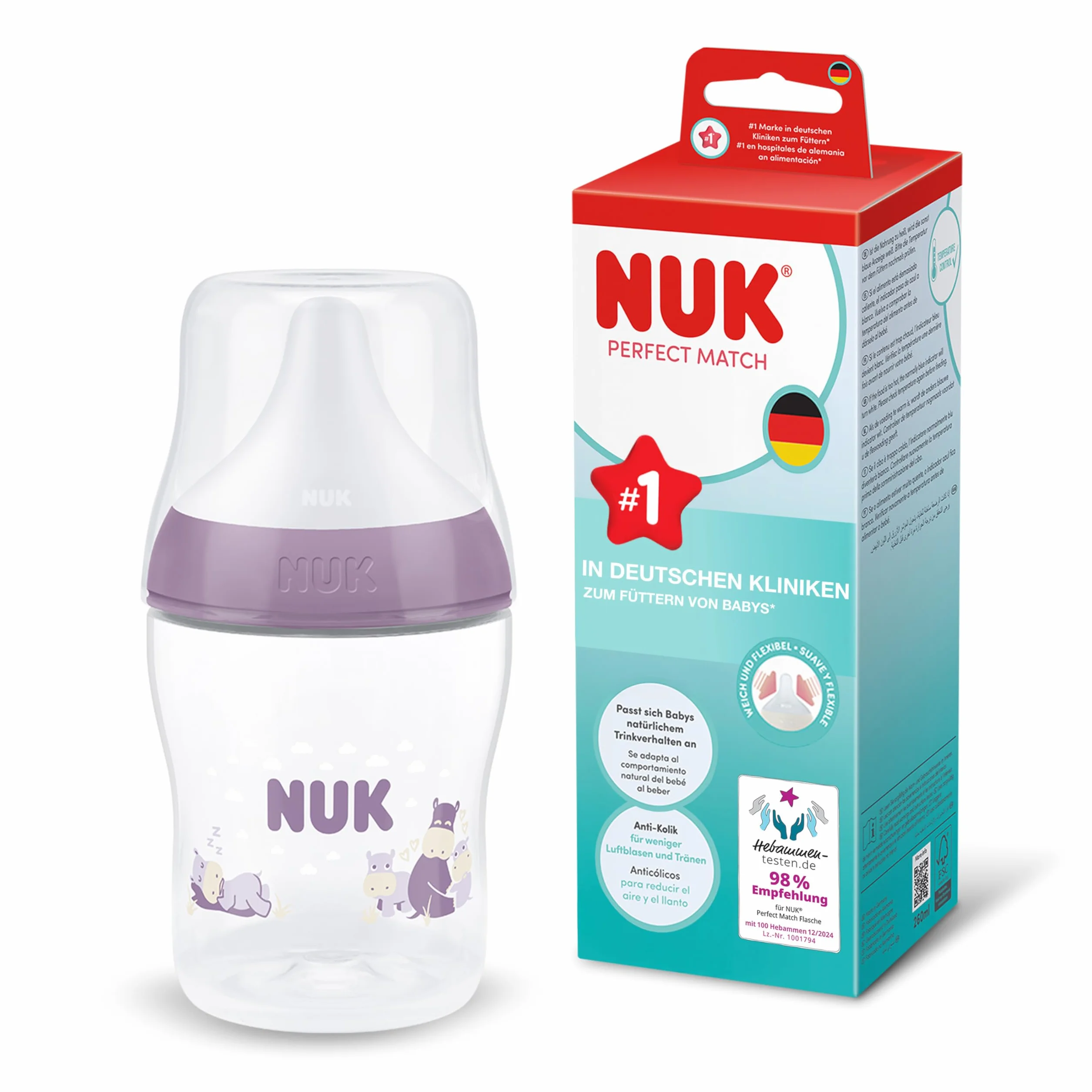 NUK Perfect Match Butelka dla niemowląt | 0+ miesięcy | 150 ml | Butelka przeciwkolkowa | PP | Wskaźnik kontroli temperatury | Hipopotam | 1 sztuka