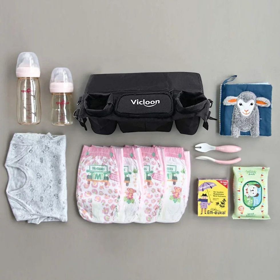 Vicloon Organizer do wózka dziecięcego z 2 uchwytami na napoje, organizer do wózka dziecięcego, uniwersalna torba do wózka dziecięcego, butelka na napoje, wilgotne chusteczki, pieluchy, akcesoria dla