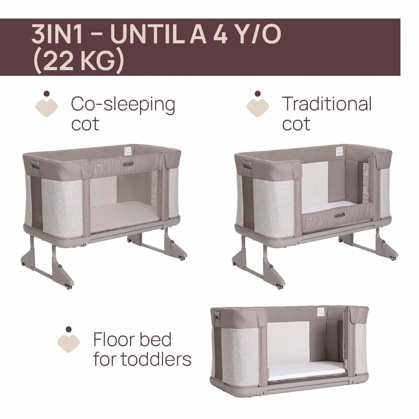 Chicco Next2Me Forever, Łóżeczko dziecięce boczne 3 w 1, łóżeczko staje się łóżeczkiem Montessori, do 4 lat (22 kg), regulowana wysokość, dobra cyrkulacja powietrza, 4 koła, materac w zestawie