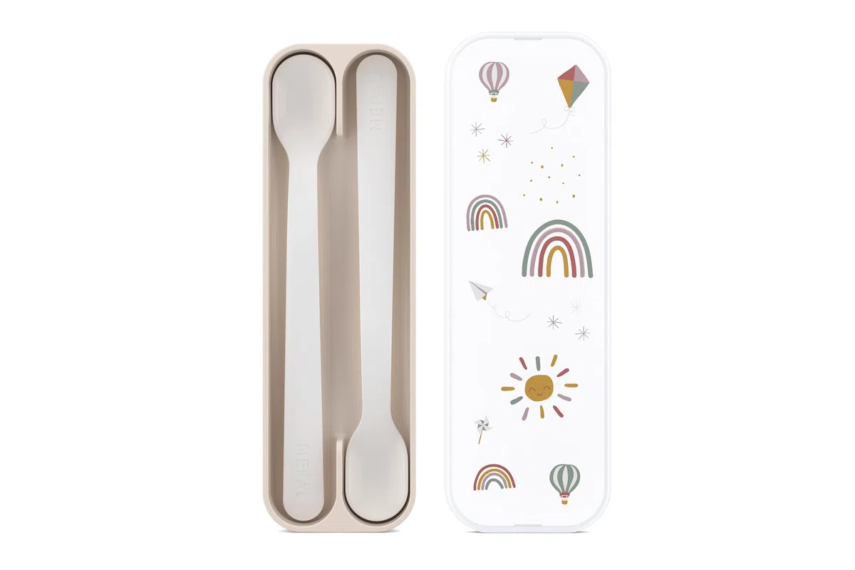 Mepal, Łyżka do Karmienia Niemowląt Mio, z Długim Uchwytem, Nadaje się do Mycia w Zmywarce i bez BPA, Naczynia dla Niemowląt, Zestaw 2 szt., Sunshine & Rainbow