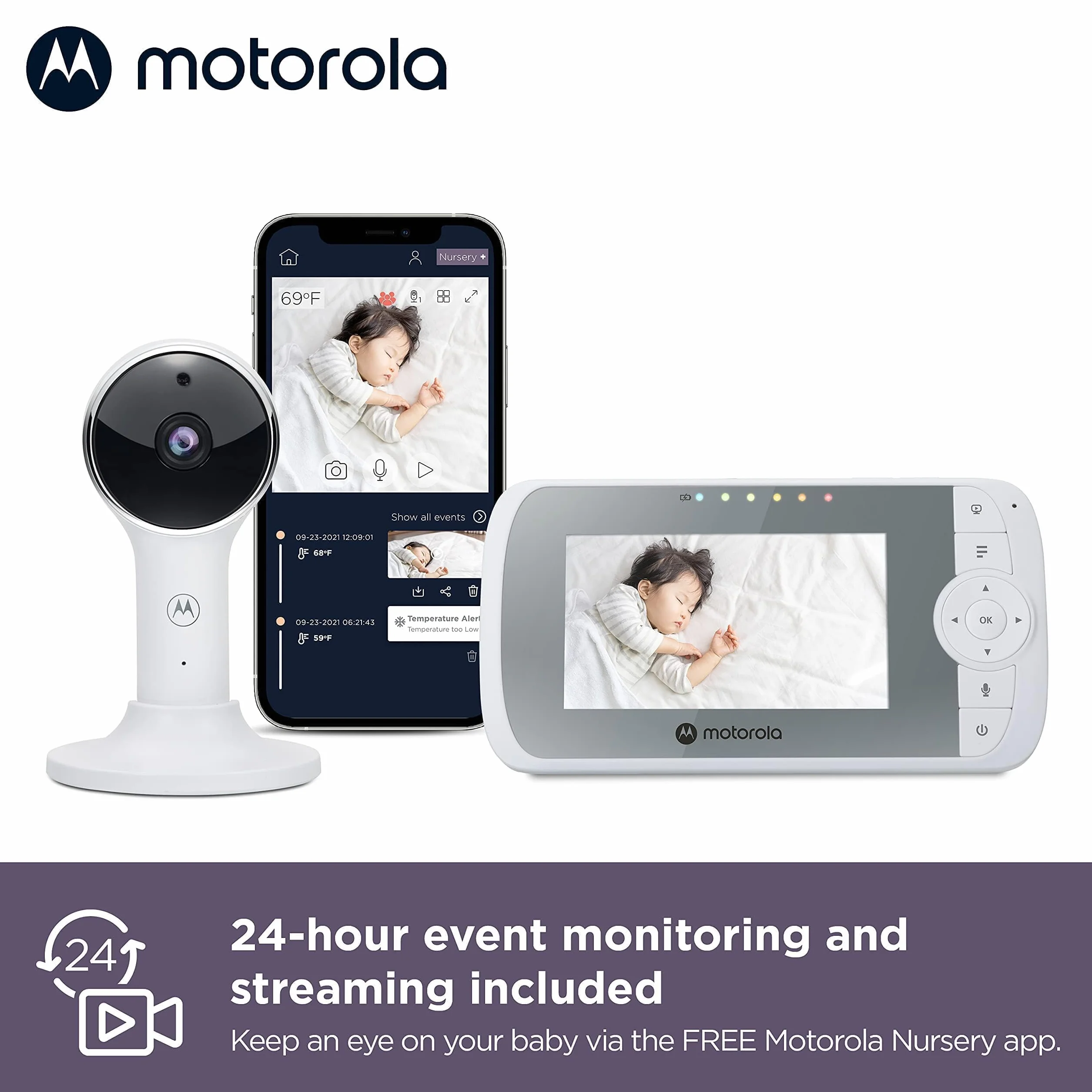 Motorola VM64 Elektroniczna niania 4,3" WiFi Video Monitor z kamerą, aplikacją, uchwytem magnetycznym, 2-drożne audio