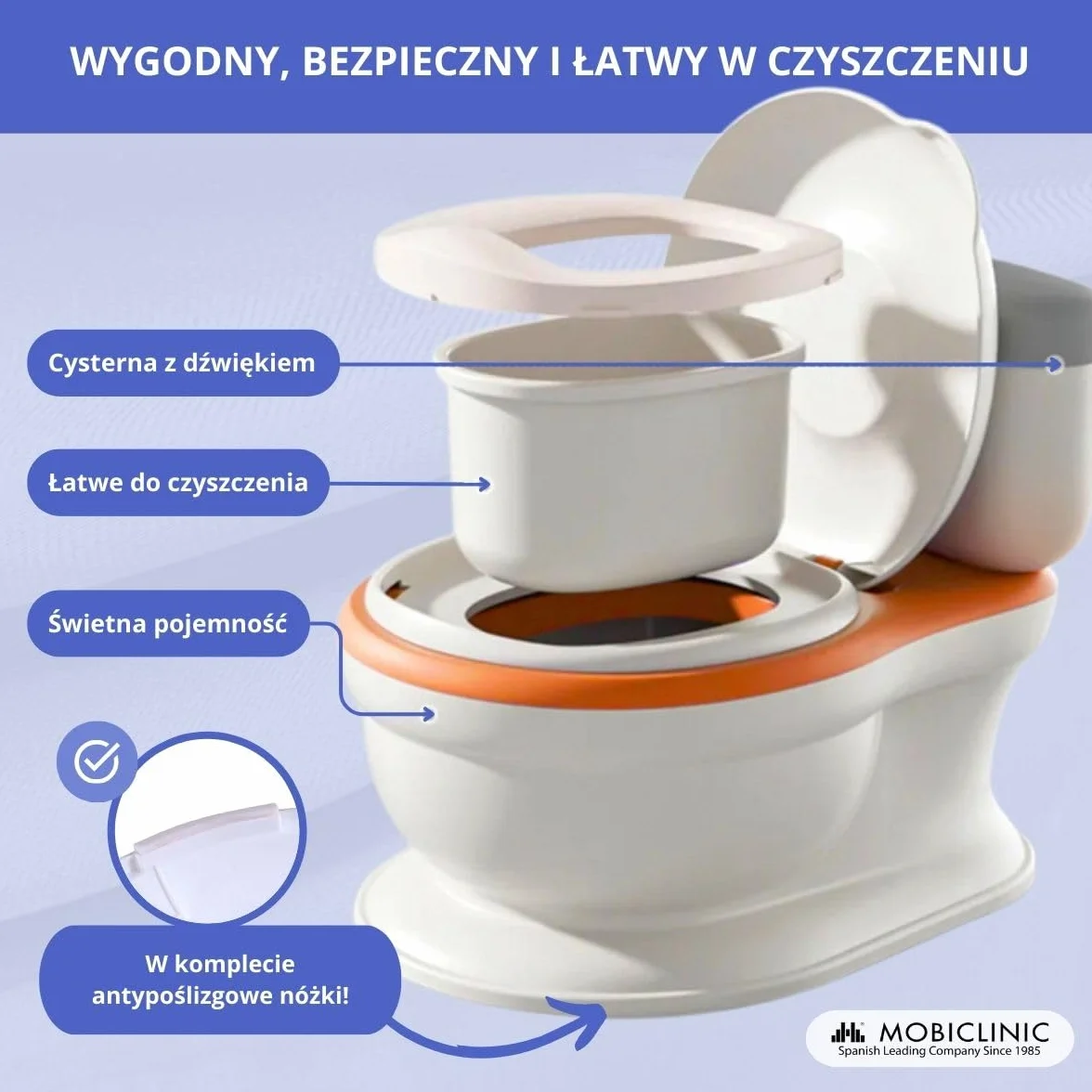 Mobiclinic® kids, Nocnik dla dzieci, Toikid, Wiek 1-6 lat, Z pokrywką, Dźwięk spłukiwania, Przegroda na papier toaletowy, Zasilany bateriami, Wyjmowana misa, Nieprzemakalne siedzisko
