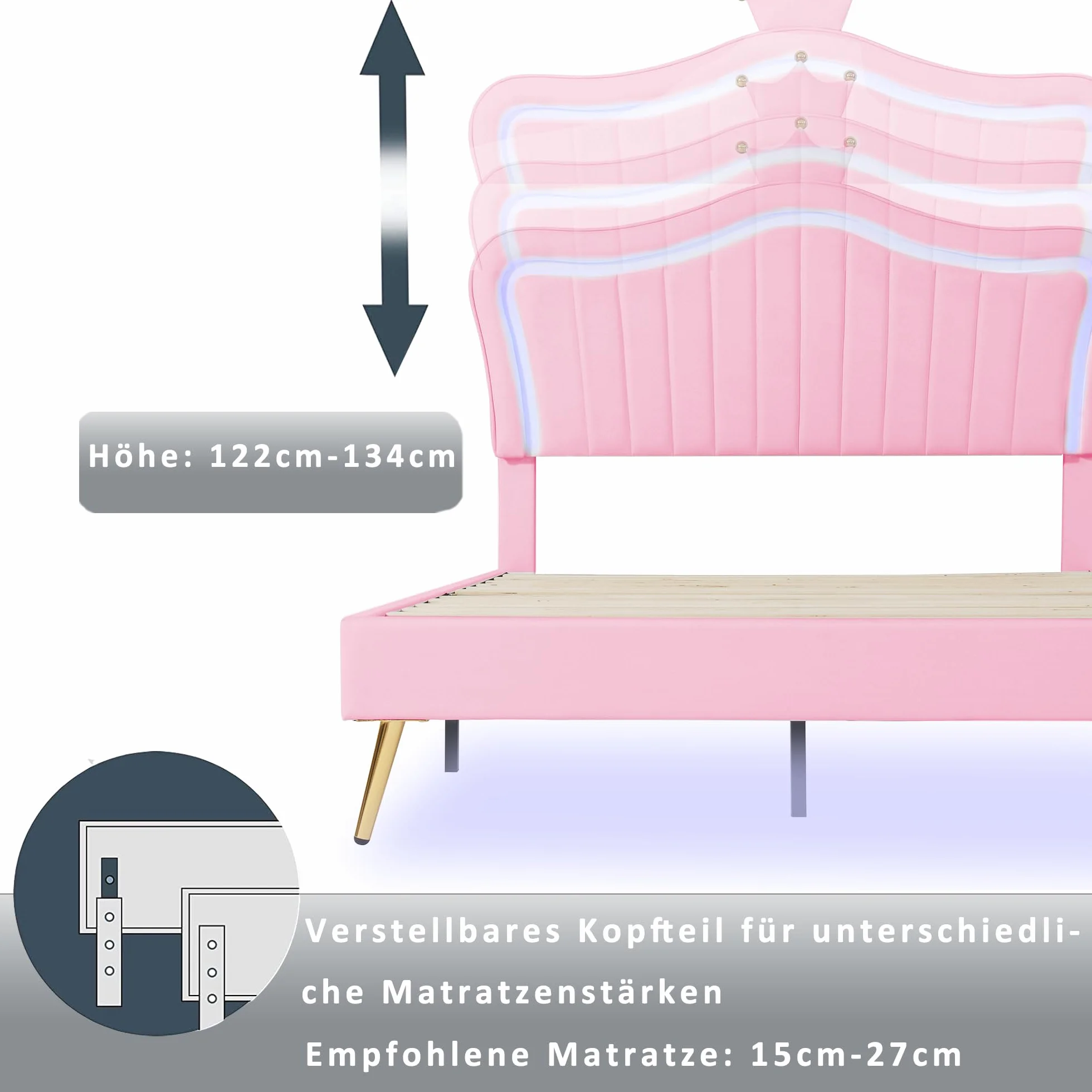 Księżniczka łóżko w kształcie korony 140 x 200 cm, łóżko dziecięce z oświetleniem LED, łóżko tapicerowane dla dziewczynek z oparciem, bez materaca