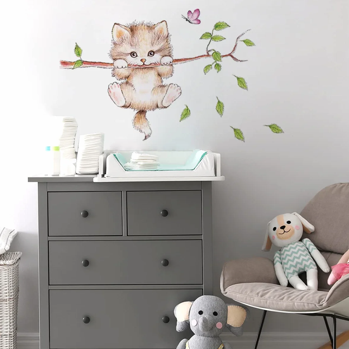 WandSticker4U® - Tatuaż ścienny KOT pokój dziecięcy I Obraz na ścianę: 70x55 cm I Dekoracja ścienna drzewo gałąź słodkie zwierzęta dziecięce I Naklejka ścienna pokój dziecięcy dziewczynka chłopiec