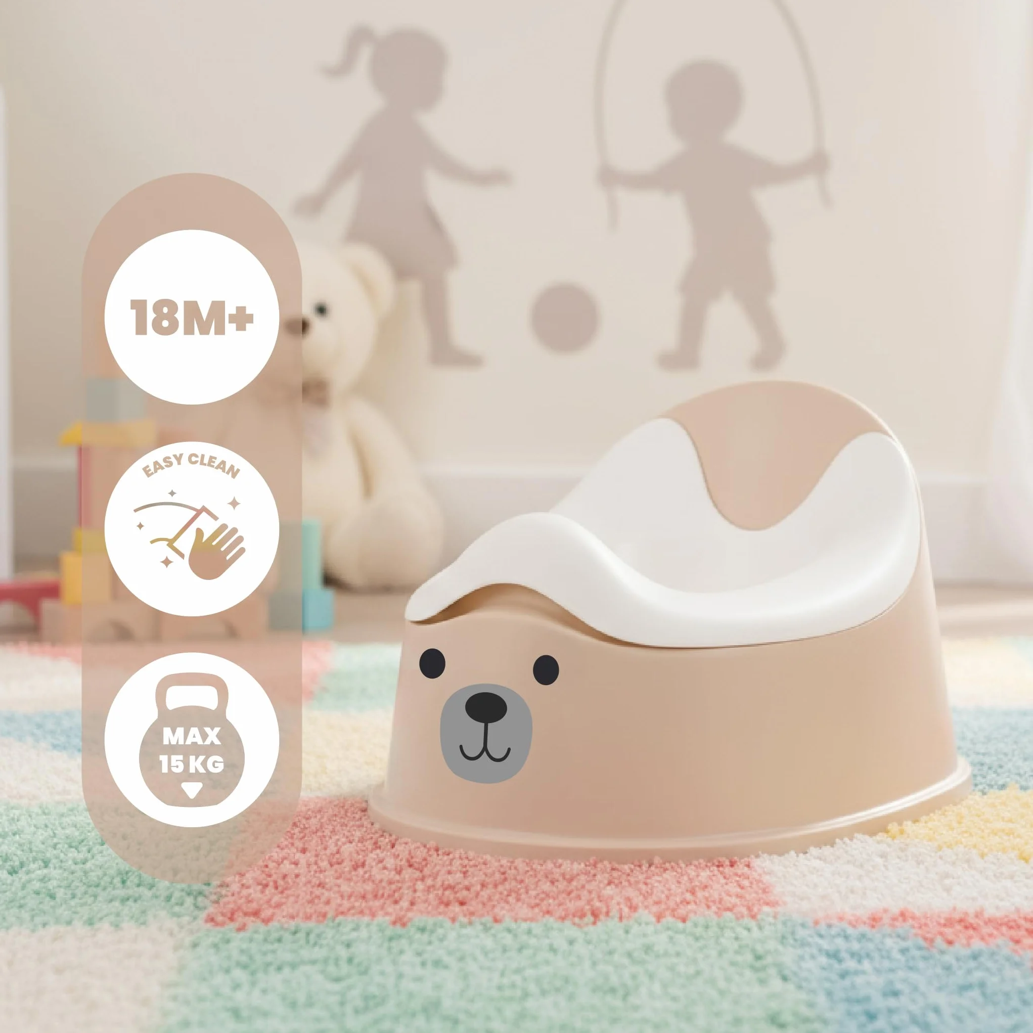 sun baby Nocnik dla dzieci 18-36 miesięcy, antypoślizgowe nóżki, ergonomiczne oparcie, wyjmowany wkład, tworzywo sztuczne, do 15 kg (Beżowo-Biały + Naklejka Miś)